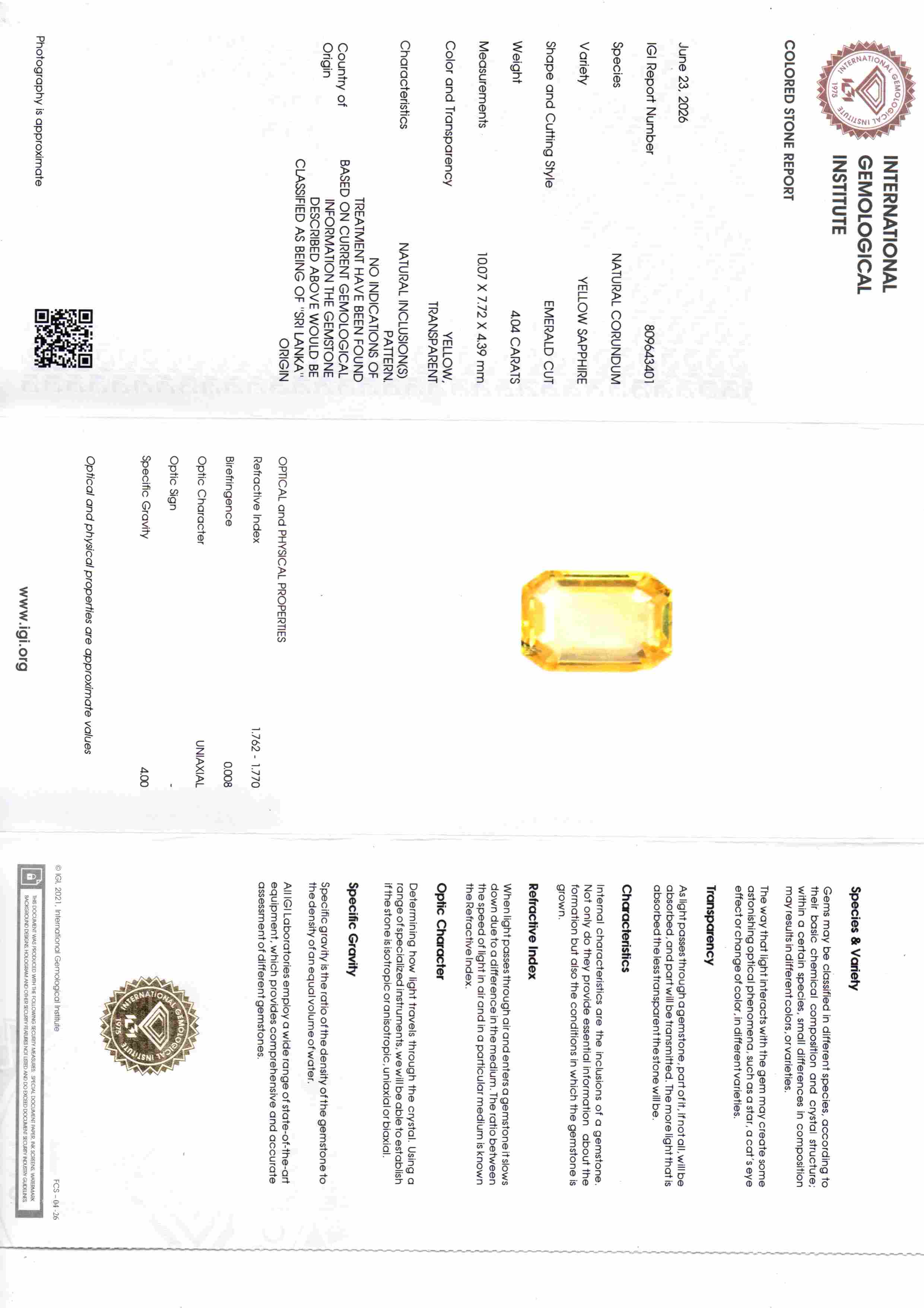 4.04 Ct IGI Certified Unheated Natural Ceylon Yellow Sapphire Pukhraj AAA – 4.43 Ratti