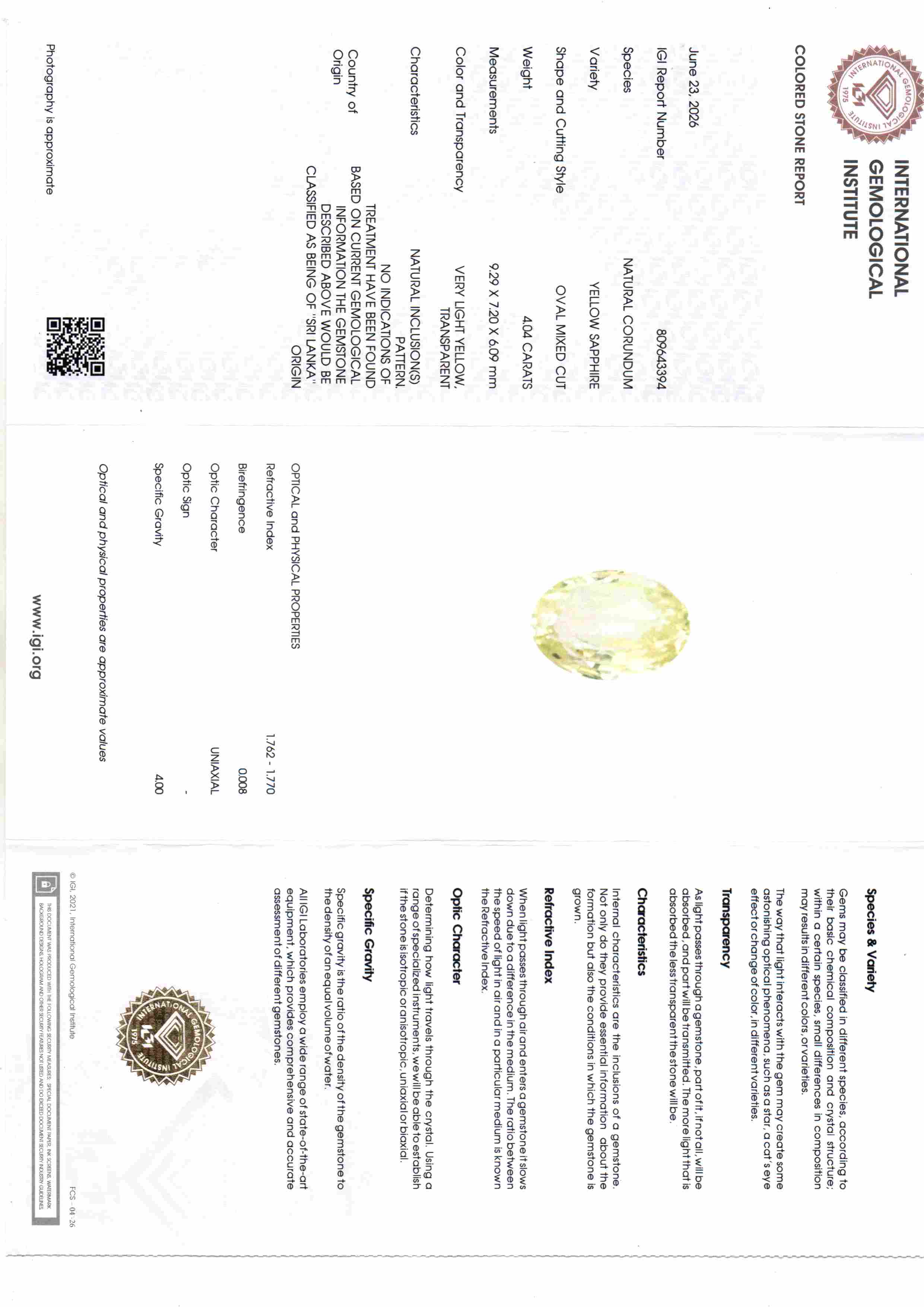 4.04 Ct IGI Certified Unheated Natural Ceylon Yellow Sapphire Pukhraj – 4.43 Ratti