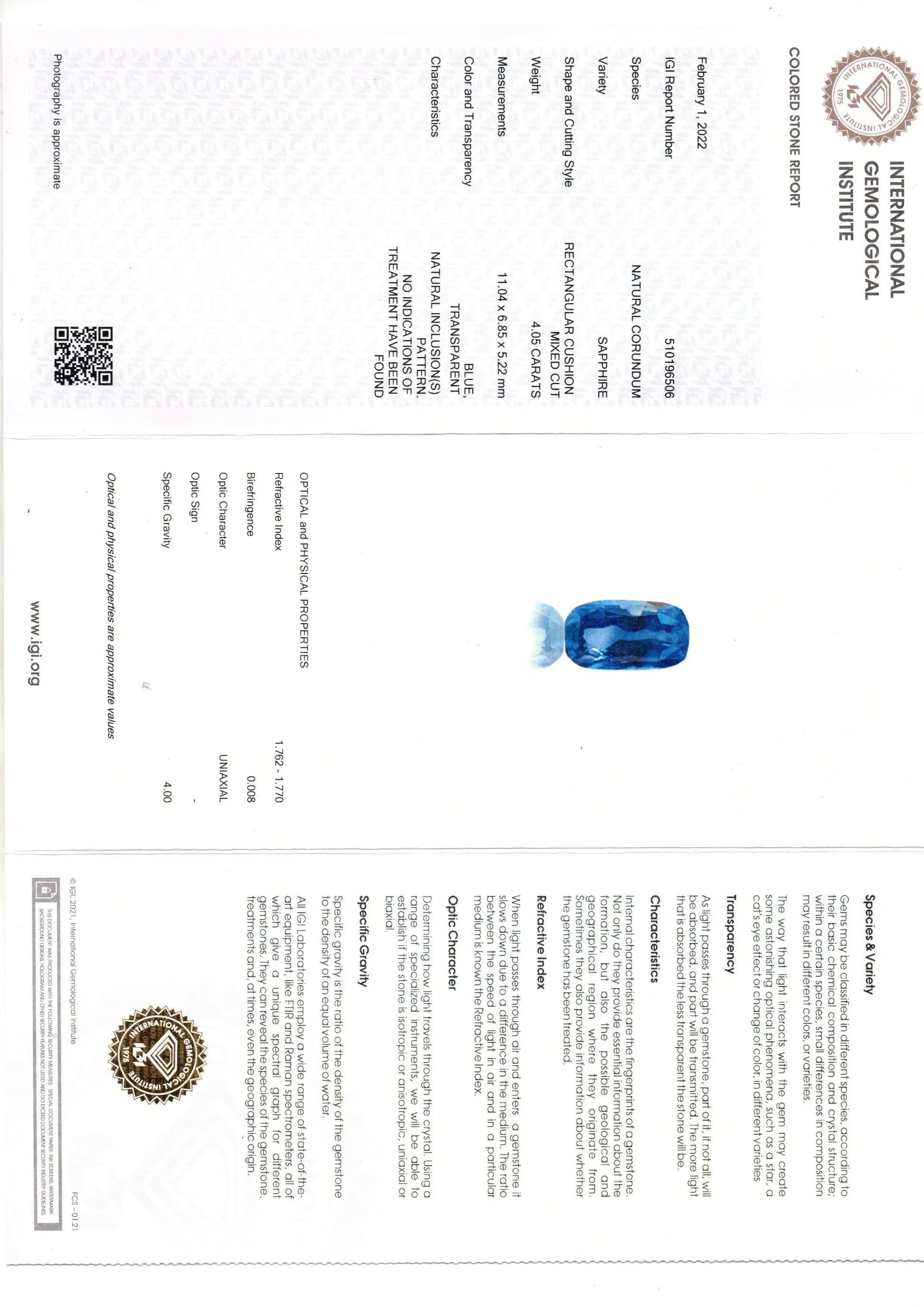 4.05 Ct IGI Certified Unheated Untreated Natural Ceylon Blue Sapphire AAA