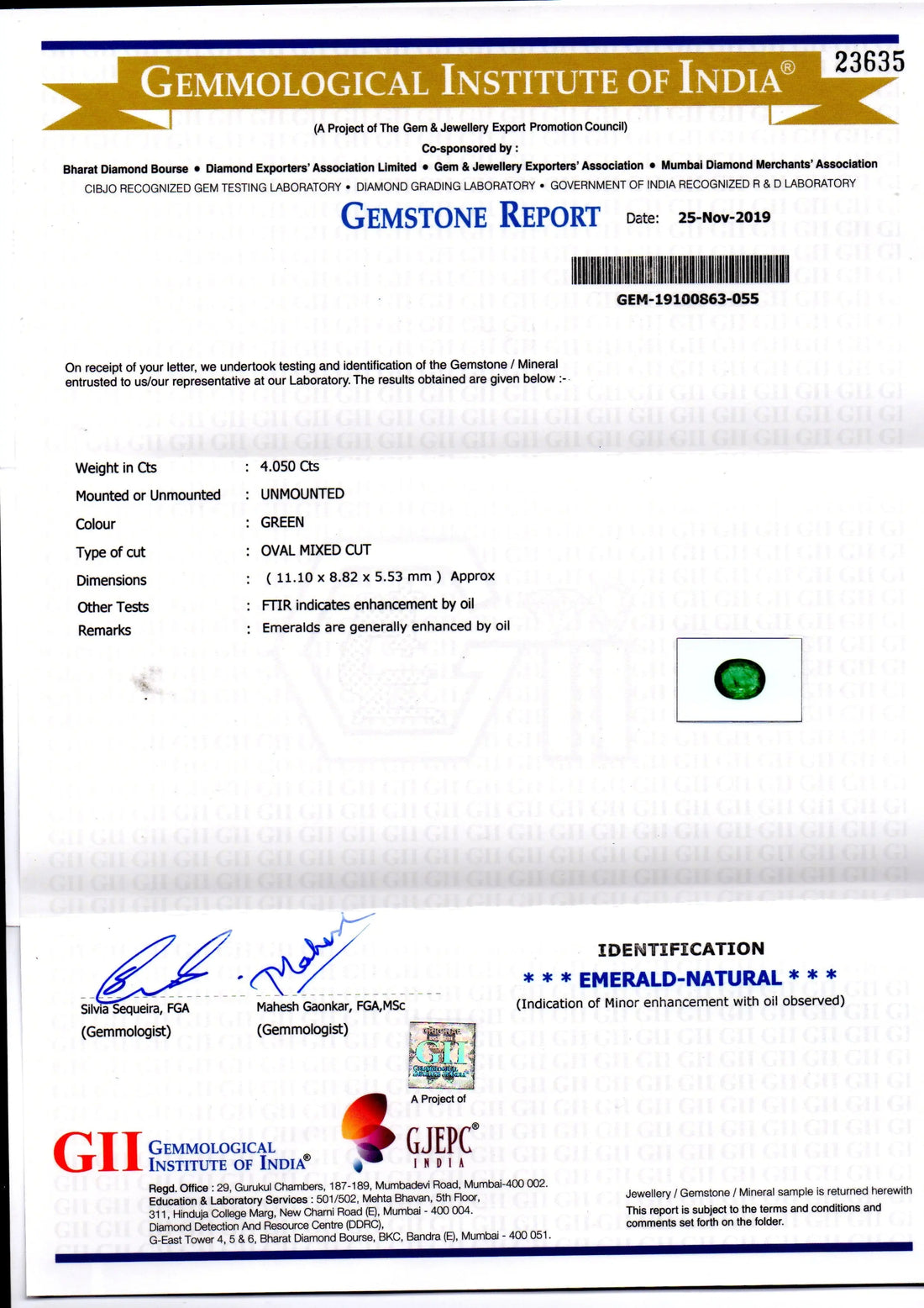 4.05 Ct GII Certified Untreated Natural Zambian Emerald Gemstone
