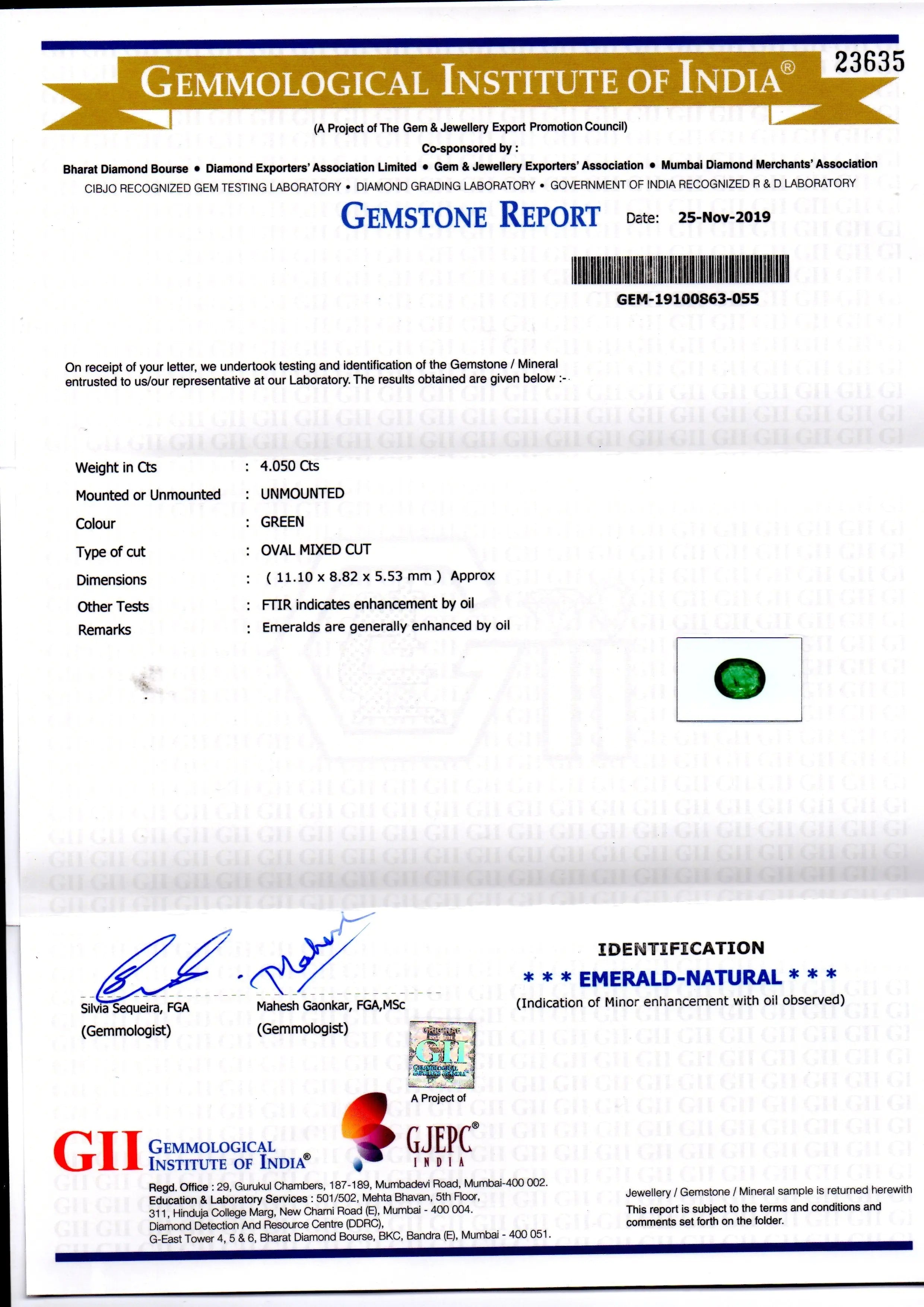 4.05 Ct GII Certified Untreated Natural Zambian Emerald Gemstone