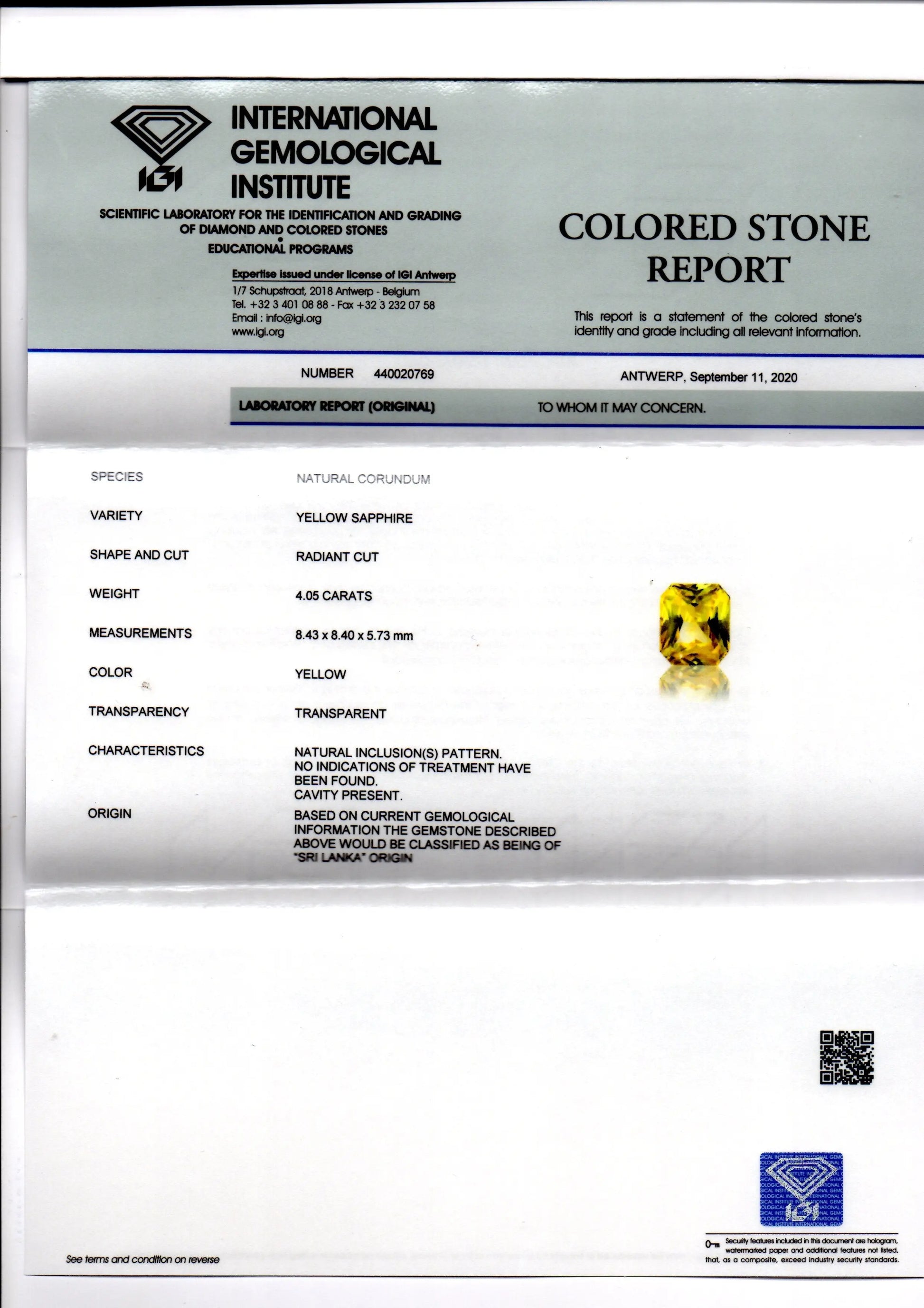 4.05 Ct IGI Certified Unheated Untreated Natural Ceylon Yellow Sapphire AAA