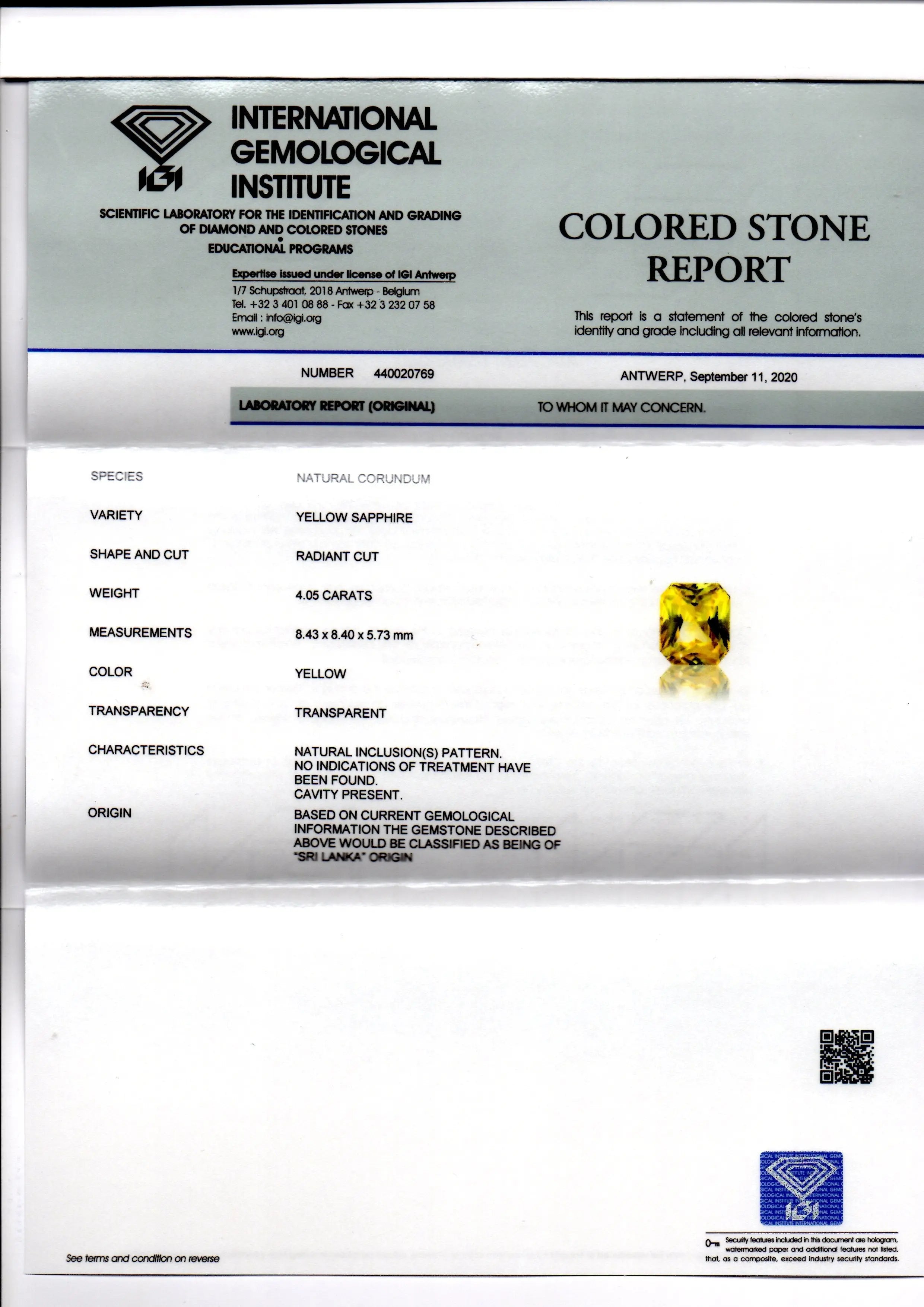 4.05 Ct IGI Certified Unheated Untreated Natural Ceylon Yellow Sapphire AAA