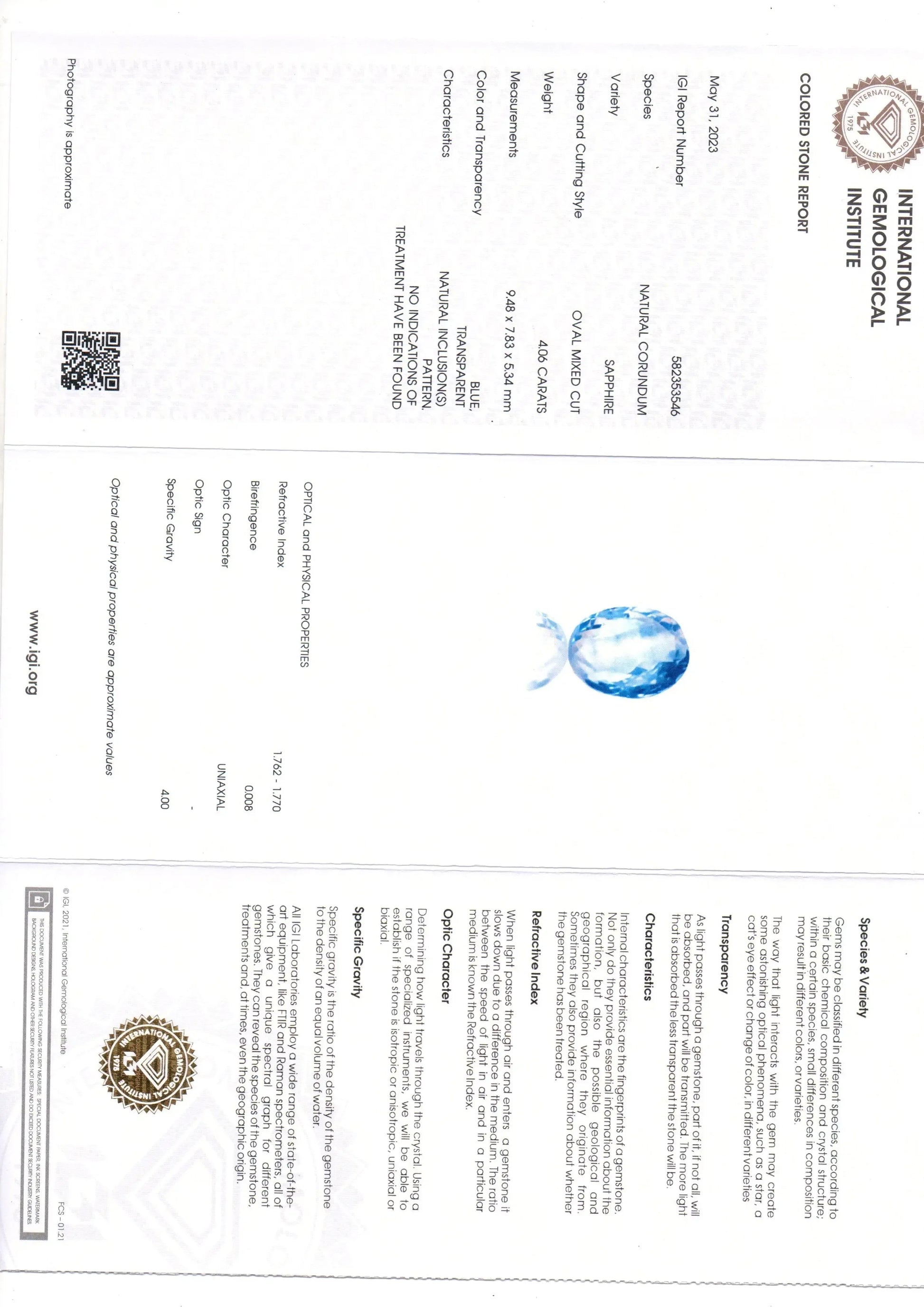 4.06 Ct IGI Certified Unheated Untreated Natural Ceylon Blue Sapphire - Venus Gems