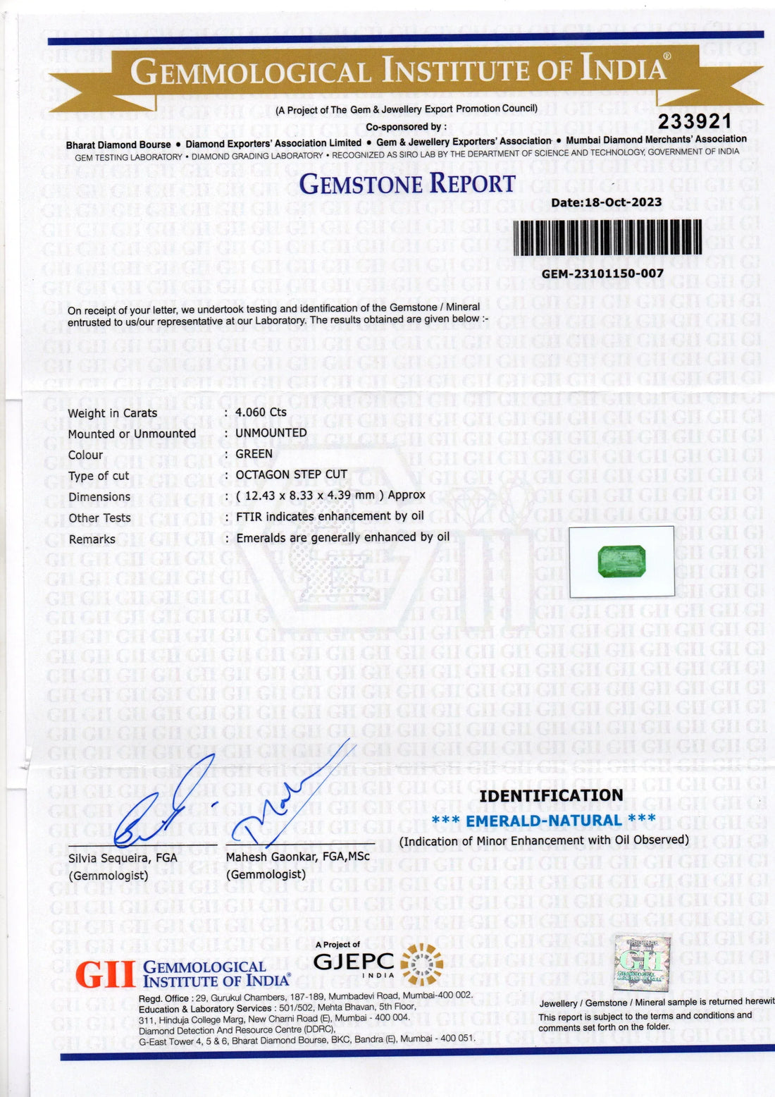 4.06 Ct GII Certified Untreated Natural Zambian Emerald Panna Gems - Venus Gems