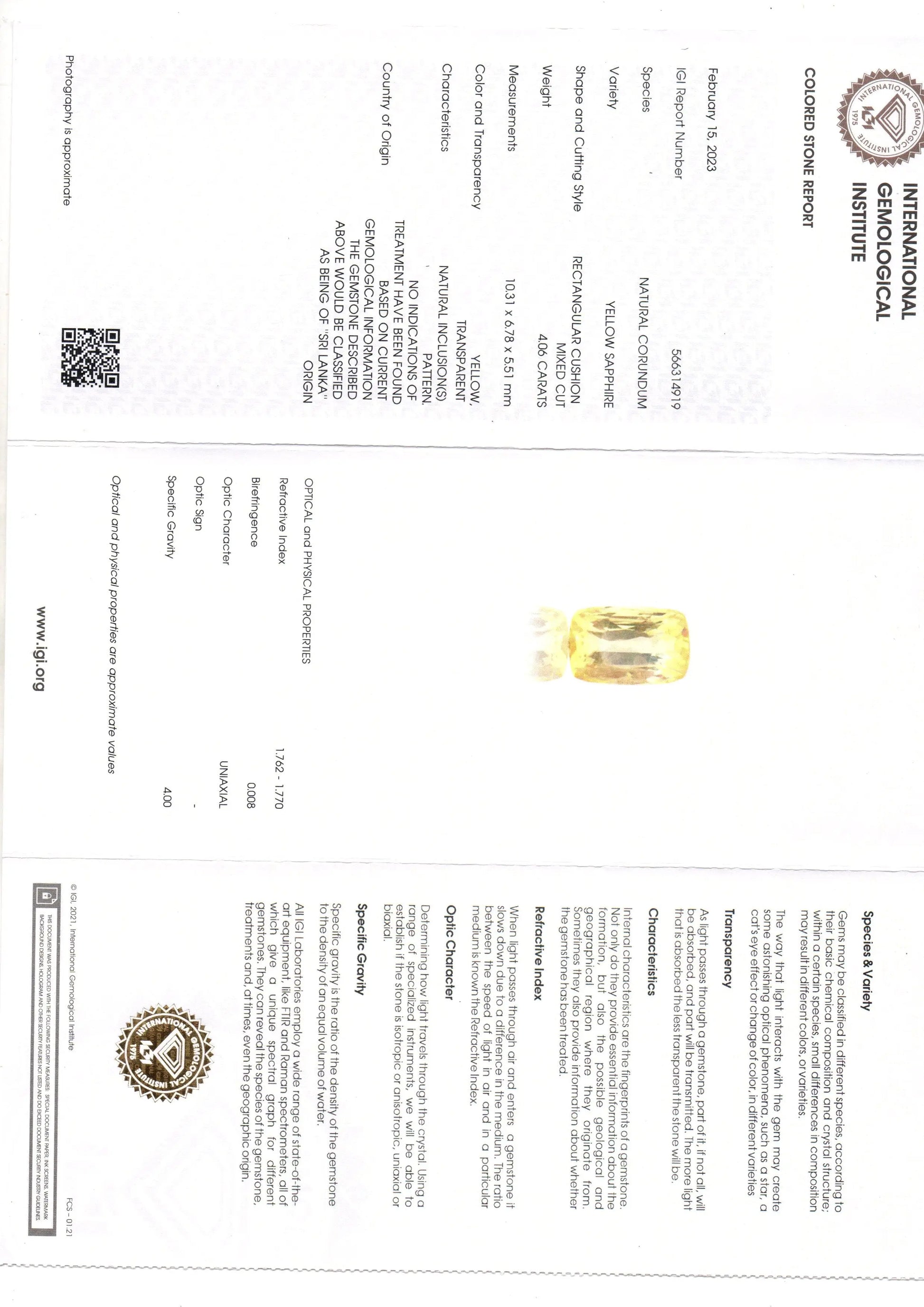 4.06 Ct IGI Certified Unheated Untreated Natural Ceylon Yellow Sapphire AA