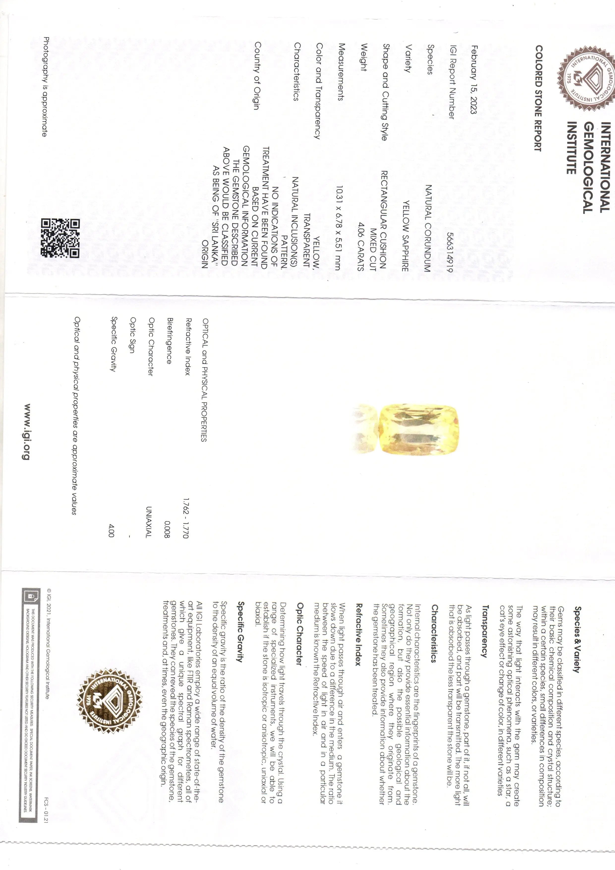 4.06 Ct IGI Certified Unheated Untreated Natural Ceylon Yellow Sapphire AA