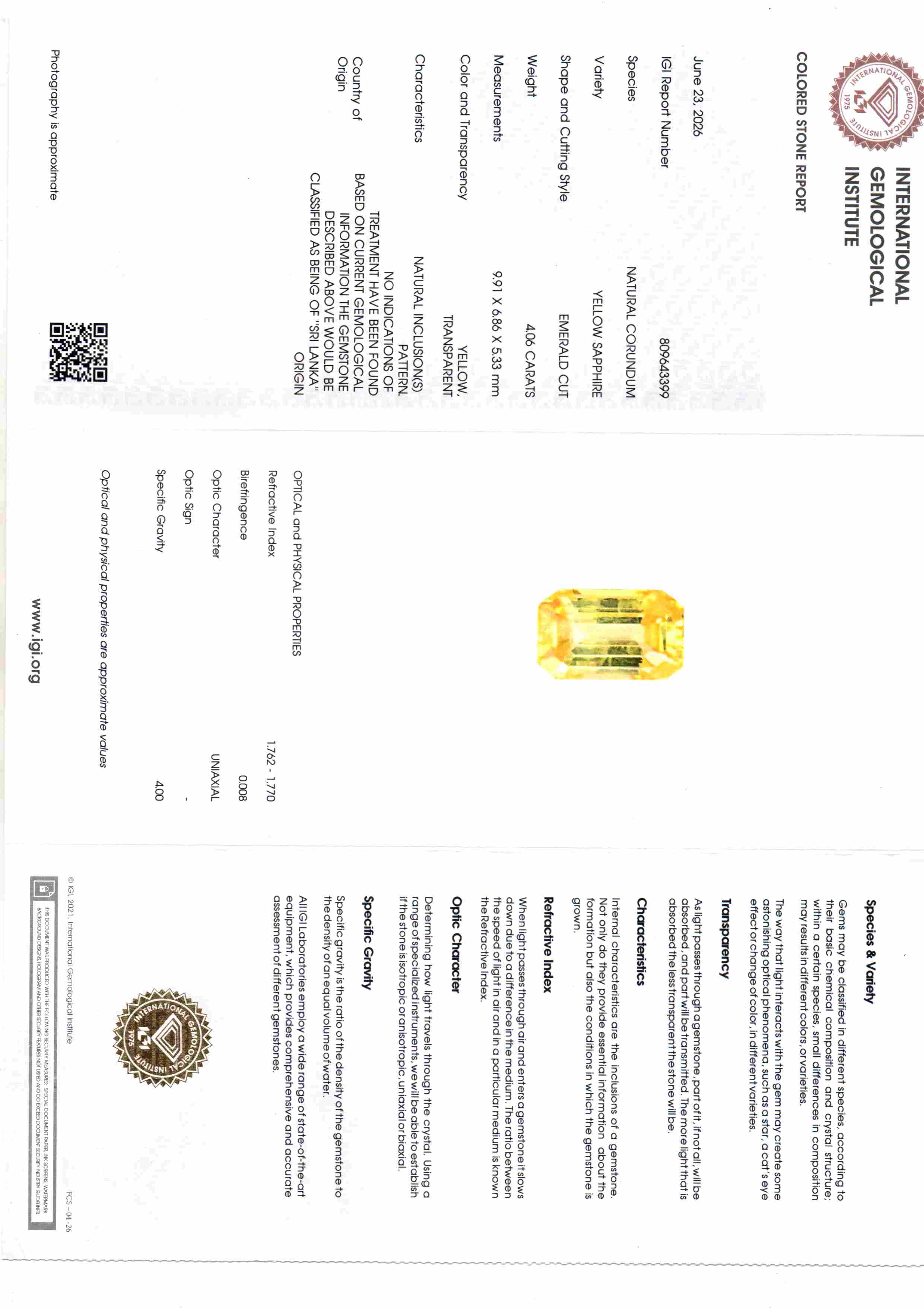 4.06 Ct IGI Certified Unheated Natural Ceylon Yellow Sapphire Pukhraj AAA – 4.45 Ratti