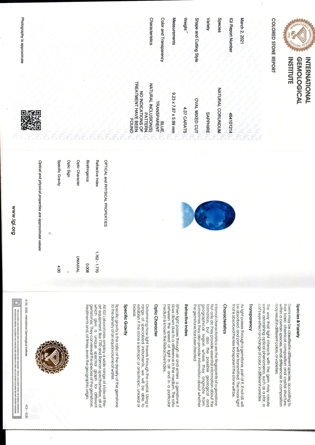 4.07 Ct IGI Certified Unheated Untreated Natural Ceylon Blue Sapphire AA