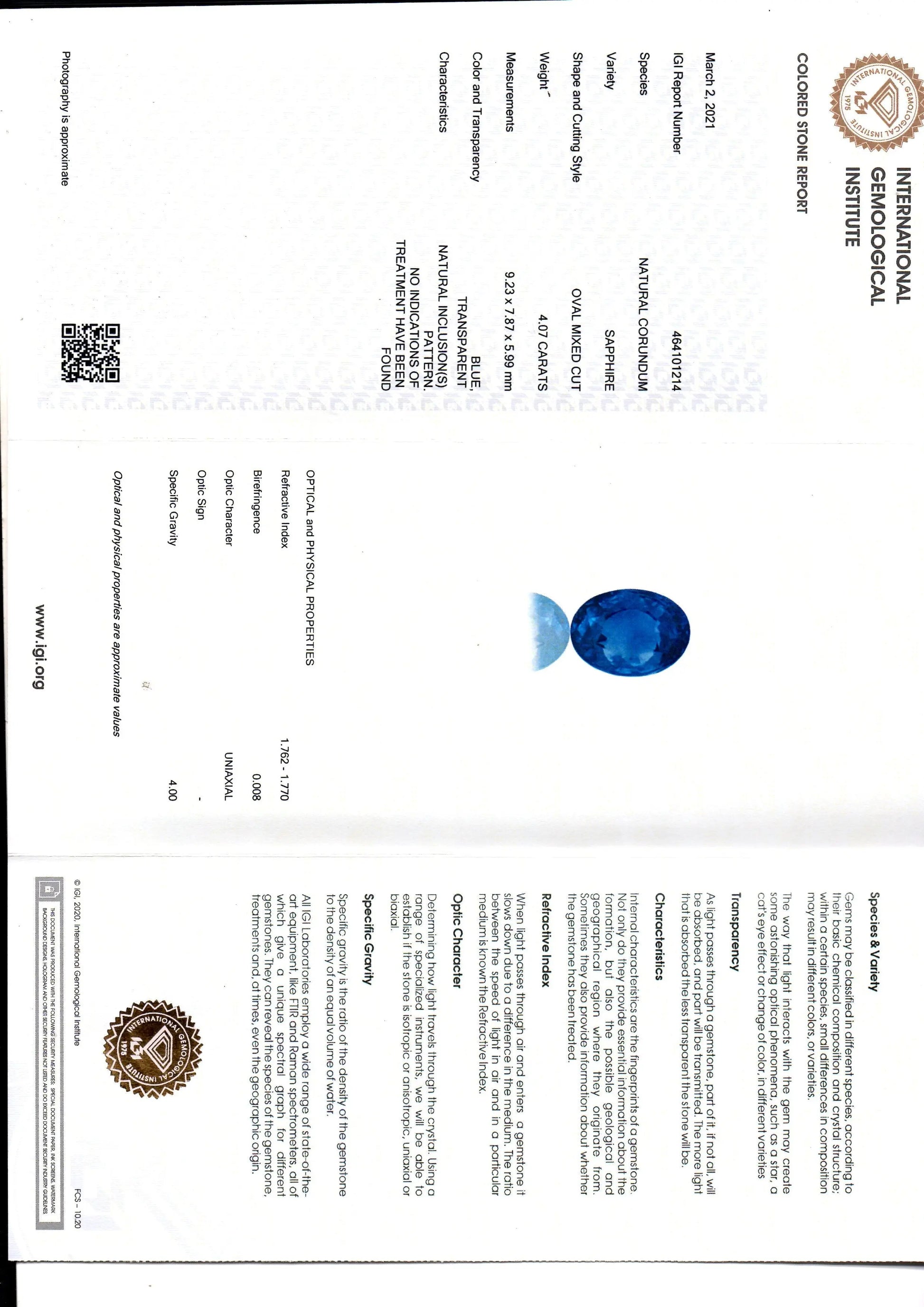4.07 Ct IGI Certified Unheated Untreated Natural Ceylon Blue Sapphire AA