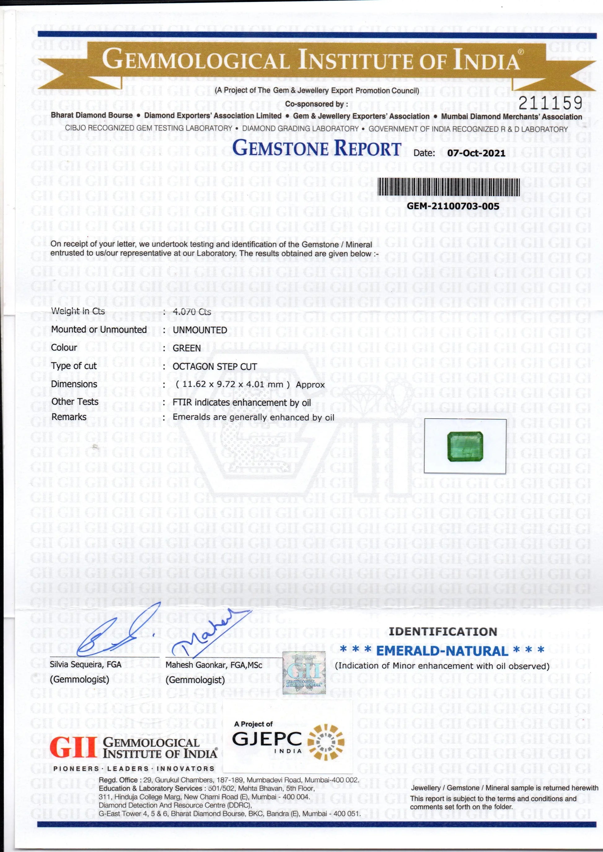 4.07 Ct GII Certified Untreated Natural Zambian Emerald Gemstones