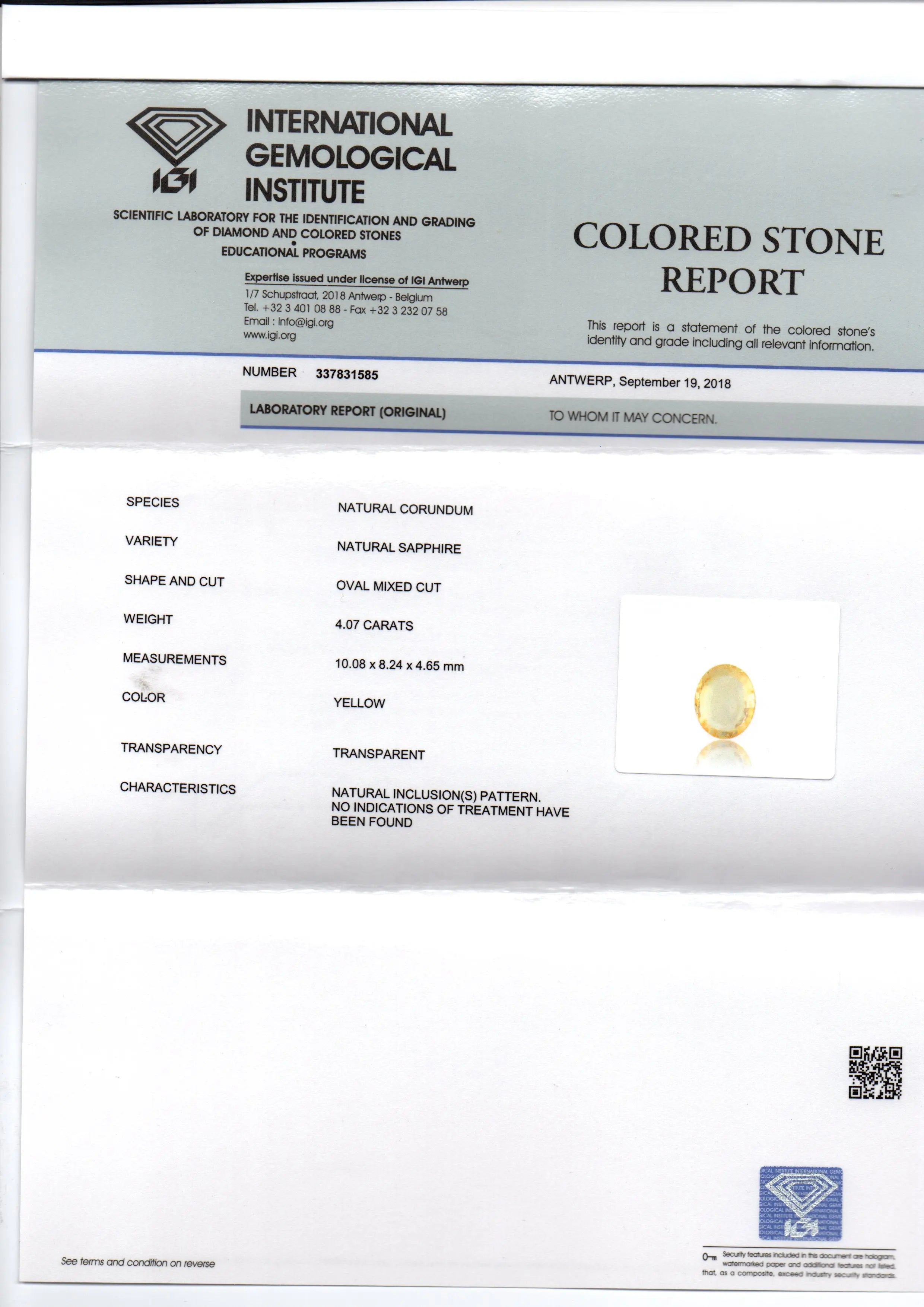 4.07 Ct IGI Certified Unheated Untreated Natural Ceylon Yellow Sapphire