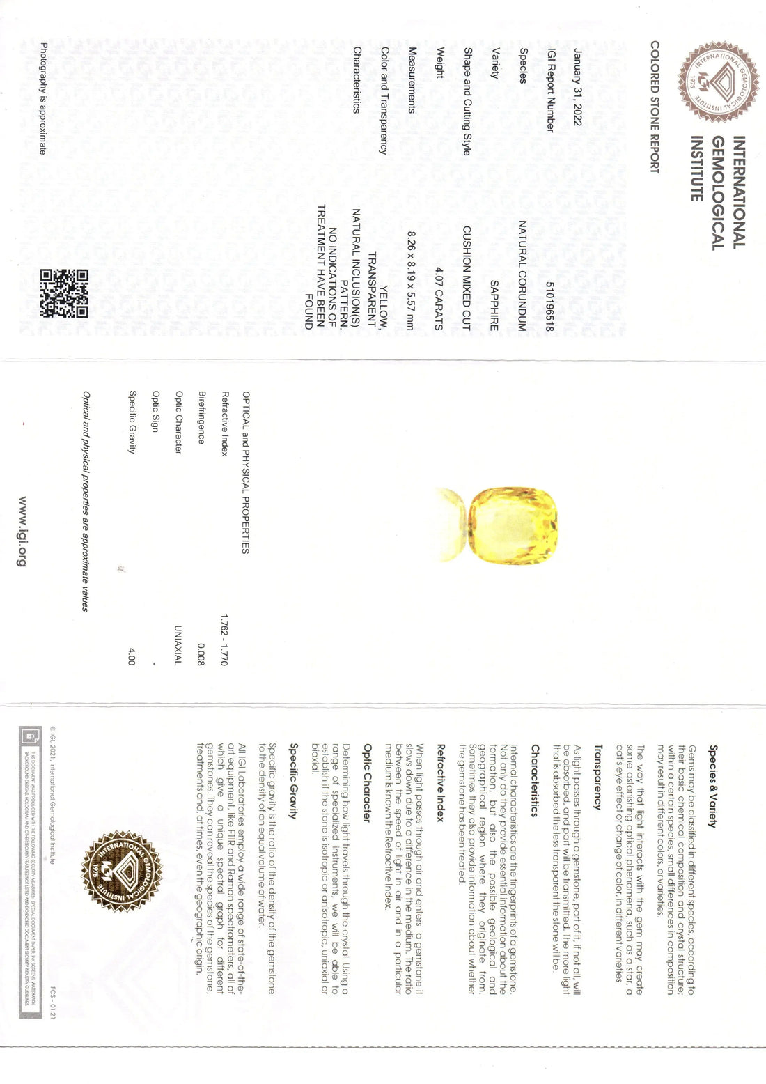 4.07 Ct IGI Certified Unheated Untreated Natural Ceylon Yellow Sapphire AAA