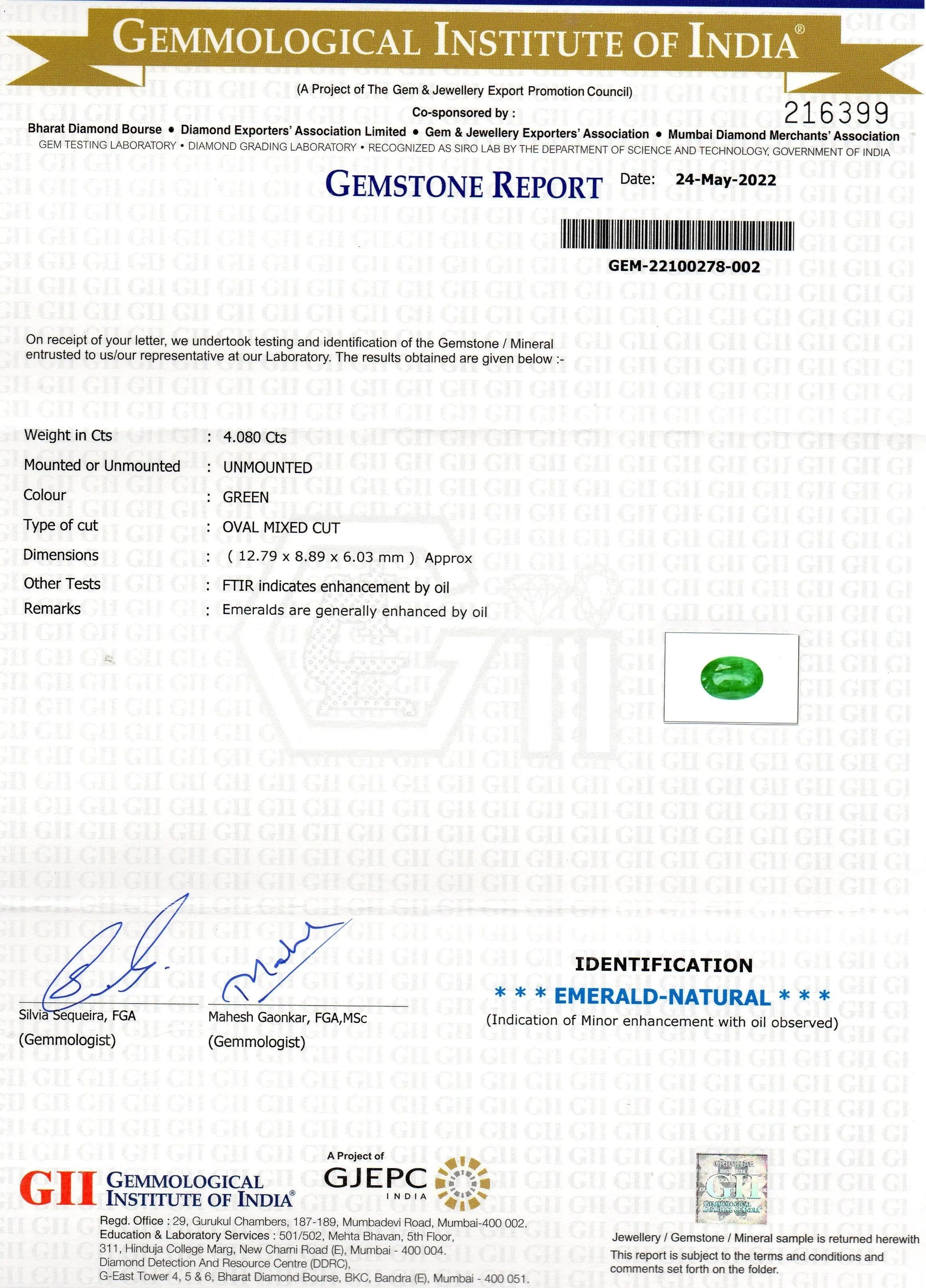 4.08 Ct GII Certified Untreated Natural Zambian Emerald Gemstone AAA