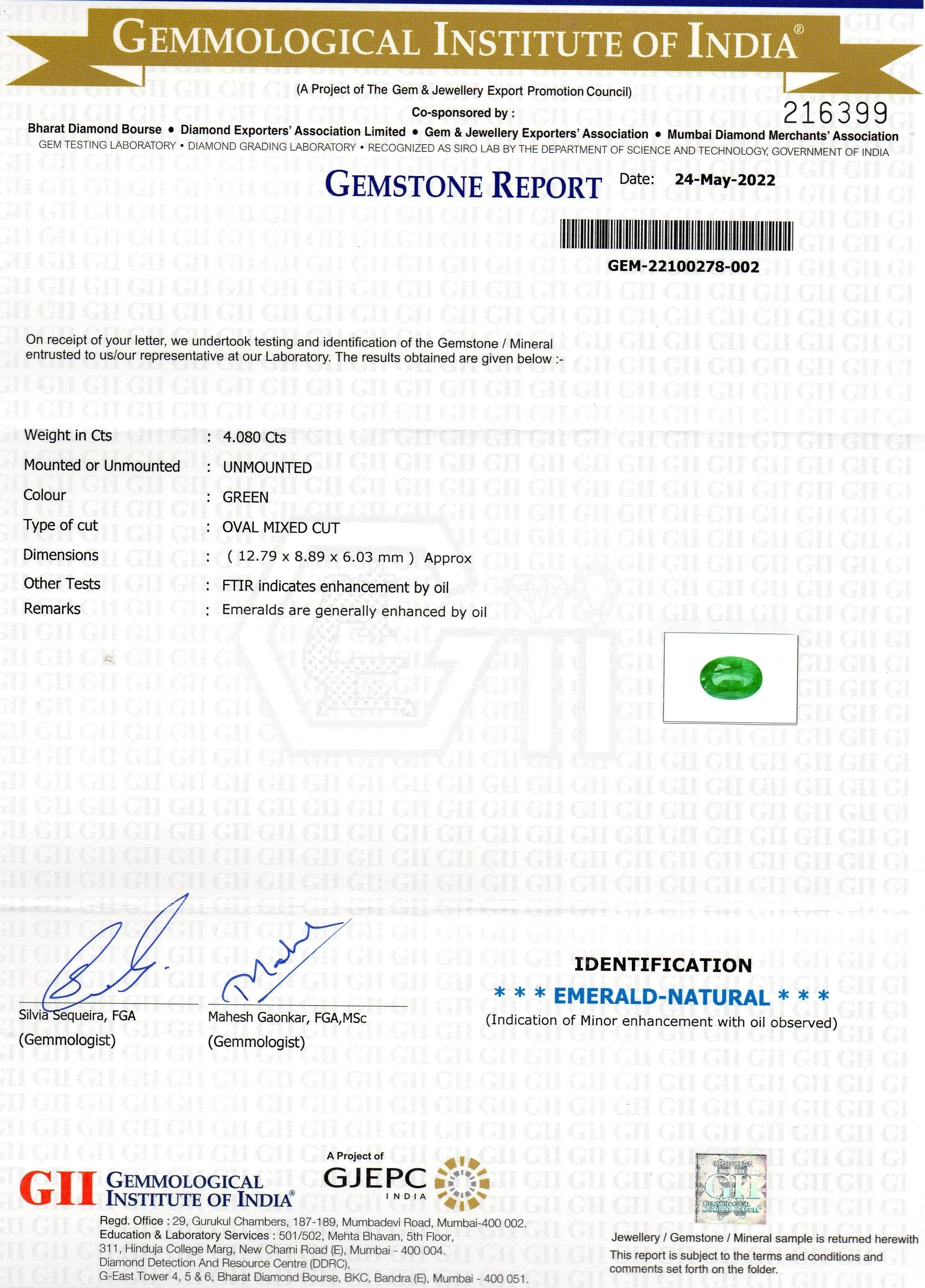 4.08 Ct GII Certified Untreated Natural Zambian Emerald Gemstone AAA