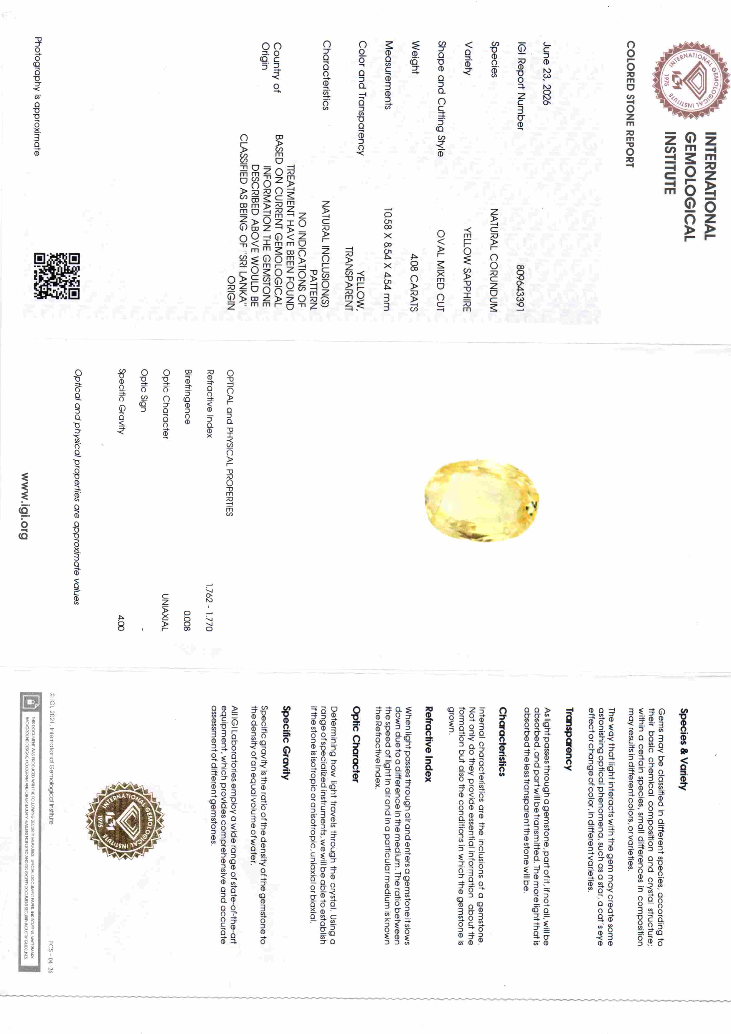 4.08 Ct IGI Certified Unheated Natural Ceylon Yellow Sapphire Pukhraj – 4.48 Ratti
