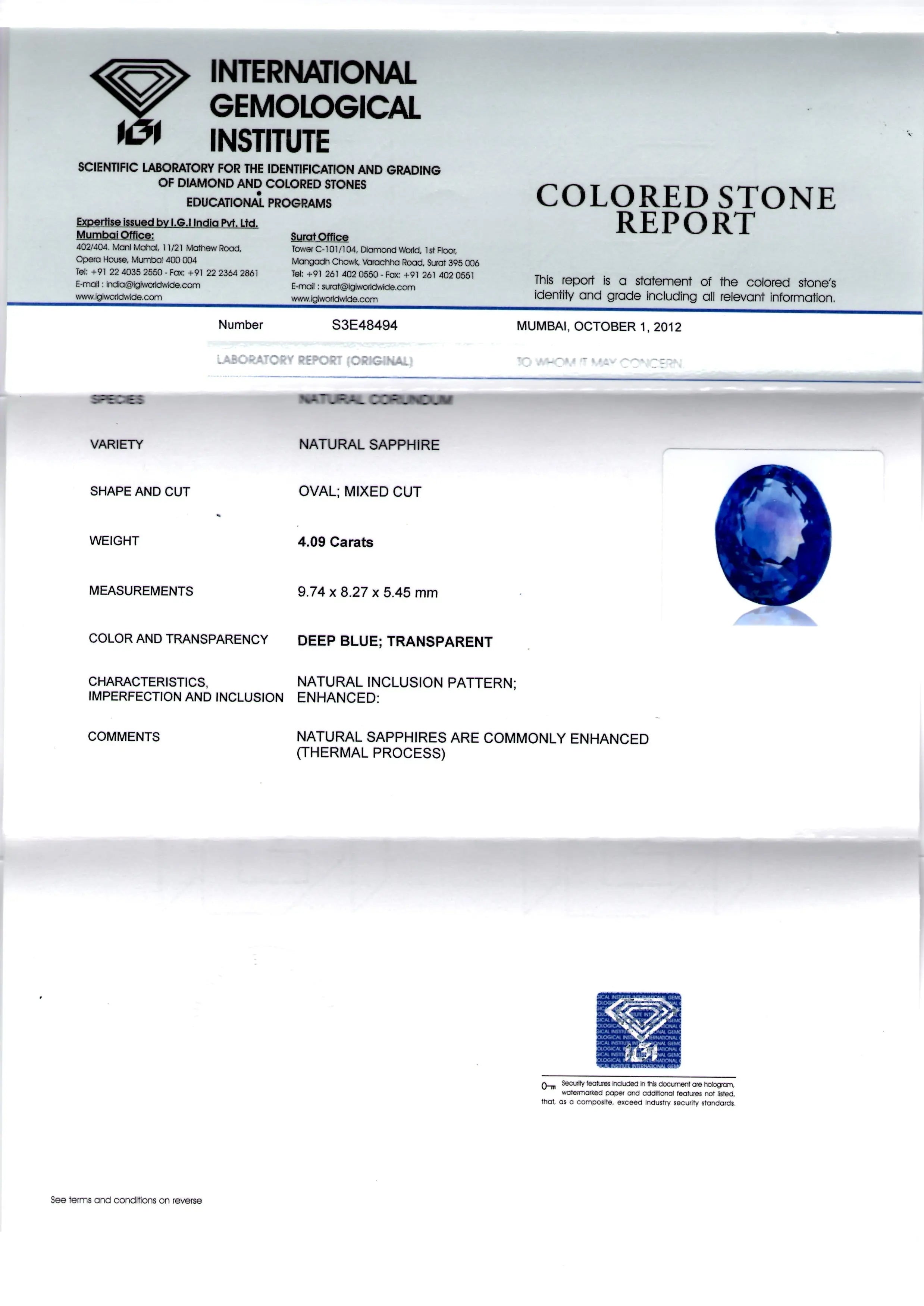 4.09 Ct Top Colour IGI Certified Natural Ceylon Blue Sapphire AA