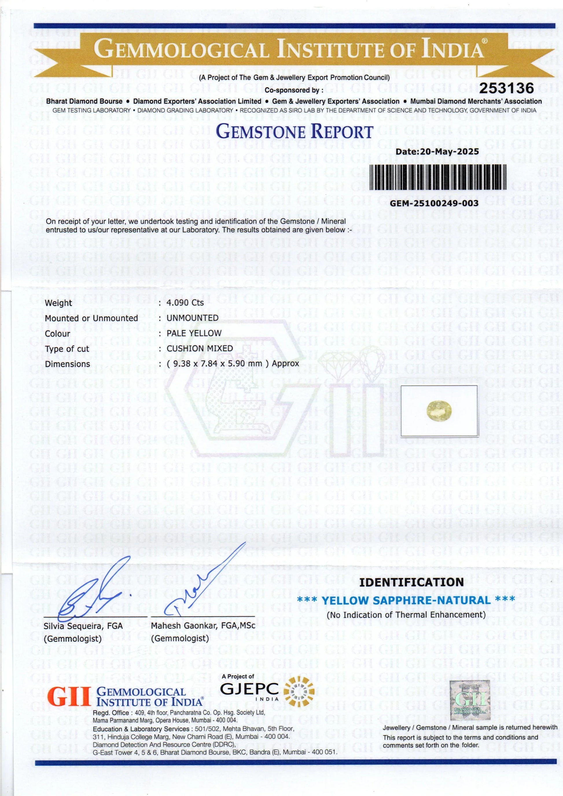 4.09 Ct GII Certified Unheated Untreated Natural Ceylon Yellow Sapphire - Venus Gems