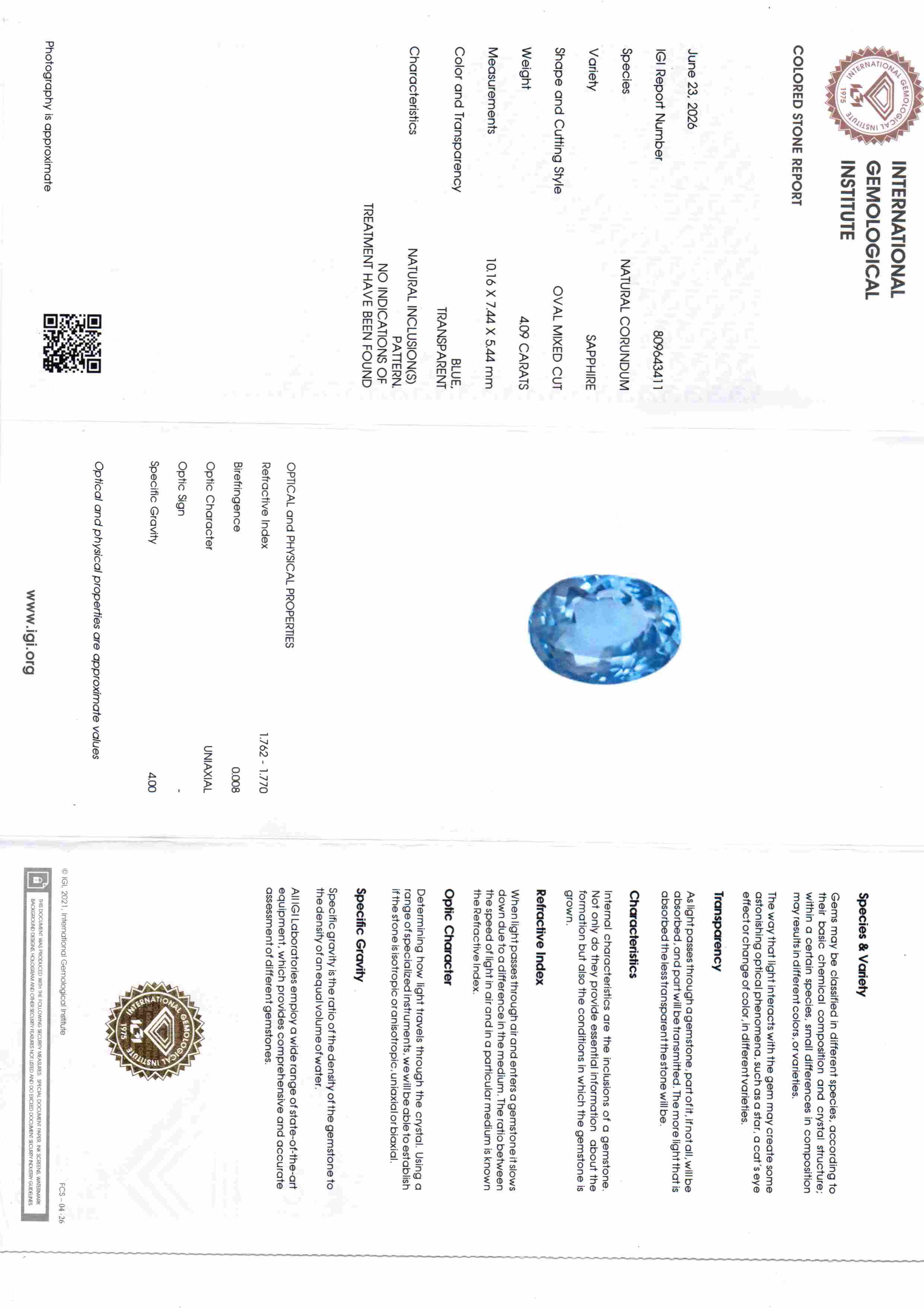 4.09 Carat IGI Certified Unheated Natural Ceylon Blue Sapphire Neelam – 4.5 Ratti
