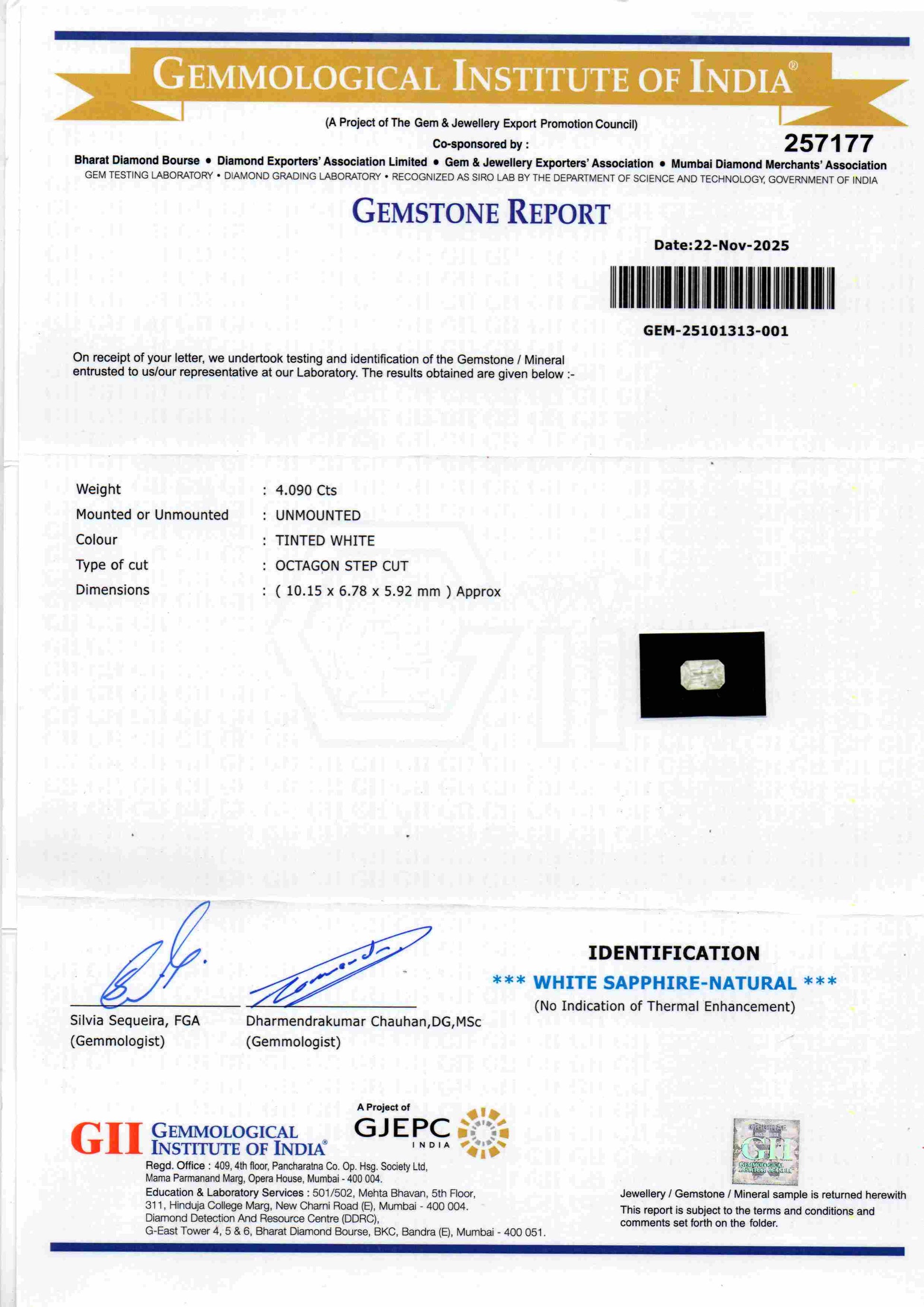 GII certified gemstone report for 4.09 Ct unheated untreated natural Ceylon white sapphire, detailing weight, dimensions, and