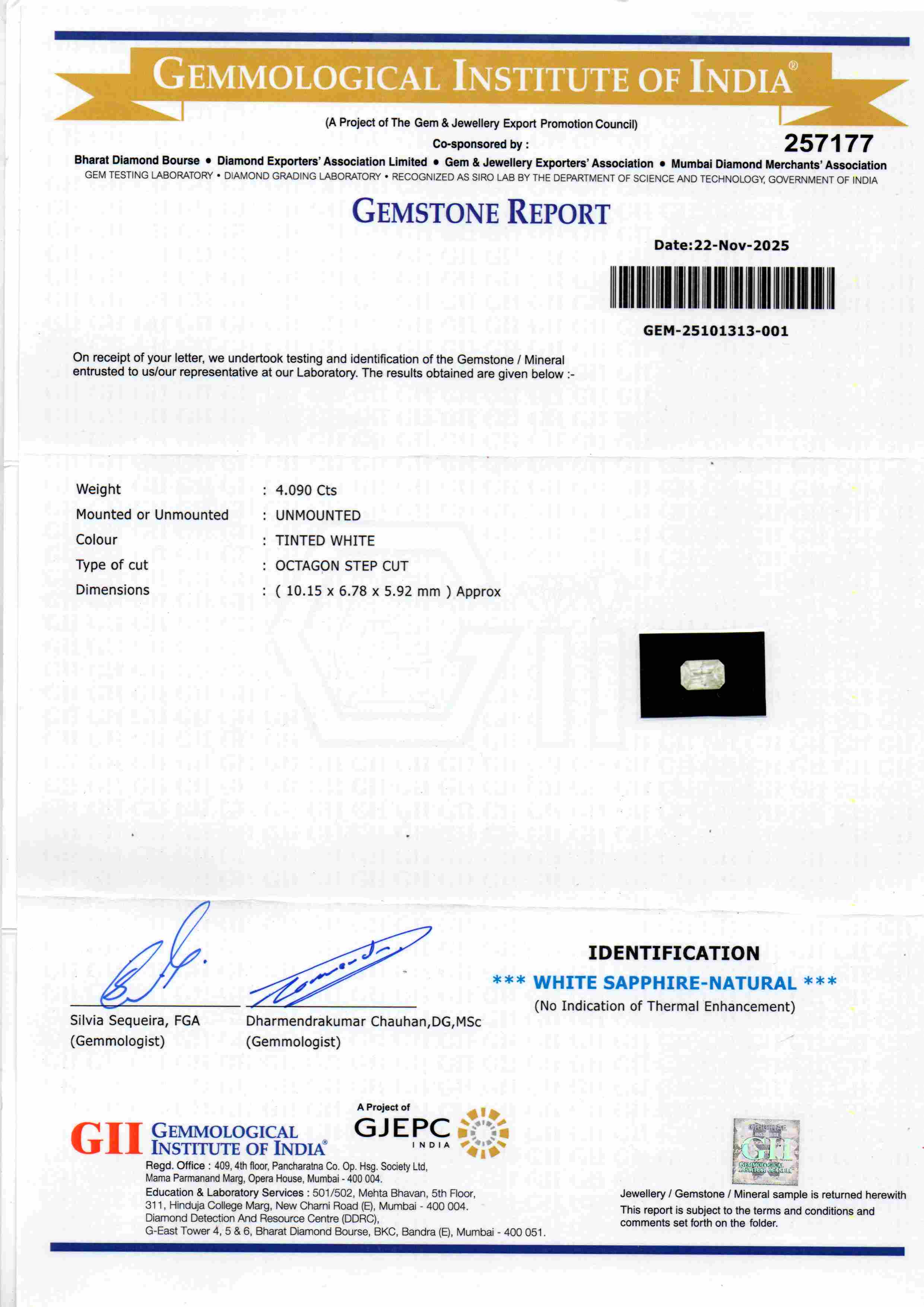 GII certified gemstone report for 4.09 Ct unheated untreated natural Ceylon white sapphire, detailing weight, dimensions, and