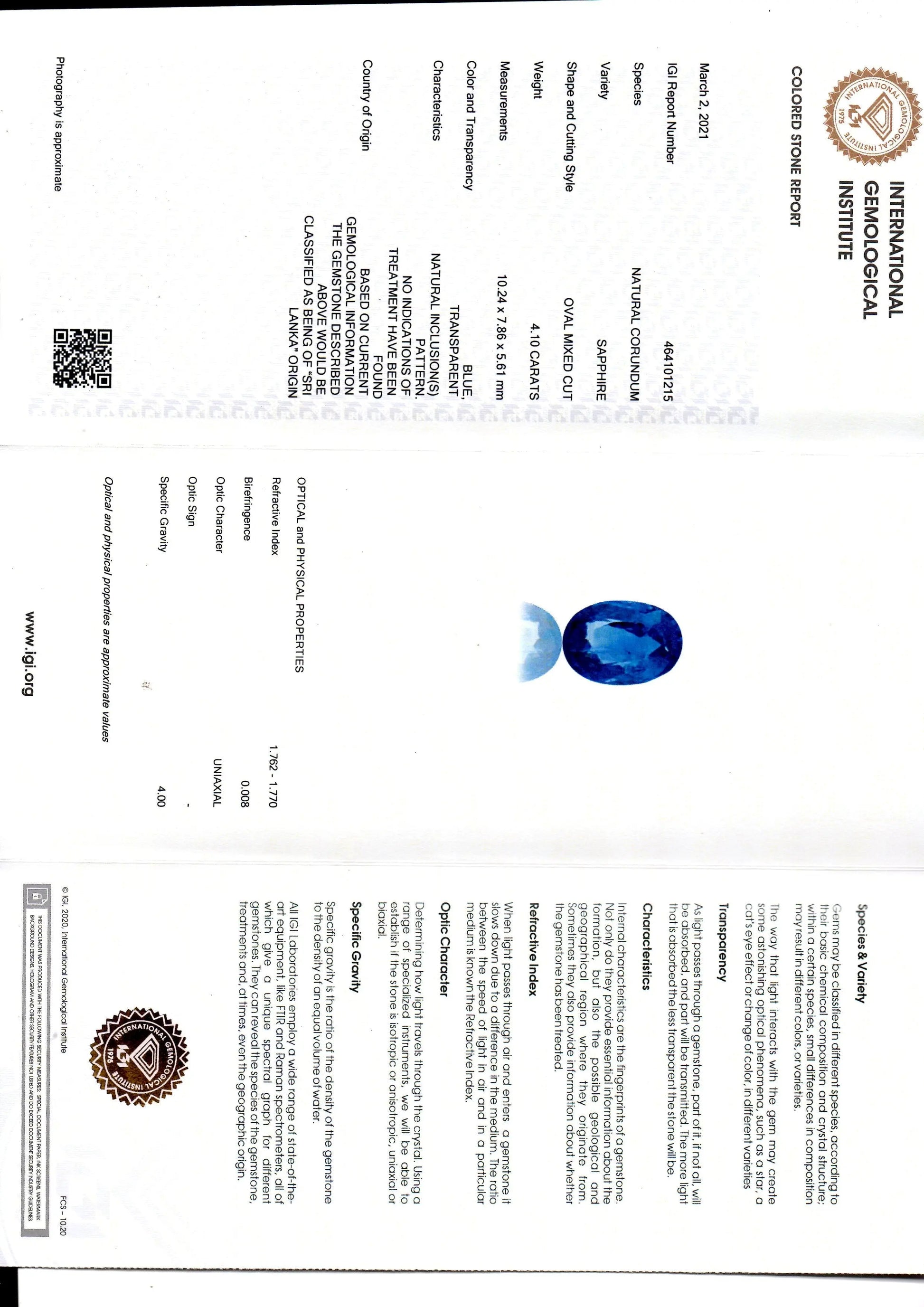 4.10 Ct IGI Certified Unheated Untreated Natural Ceylon Blue Sapphire AA