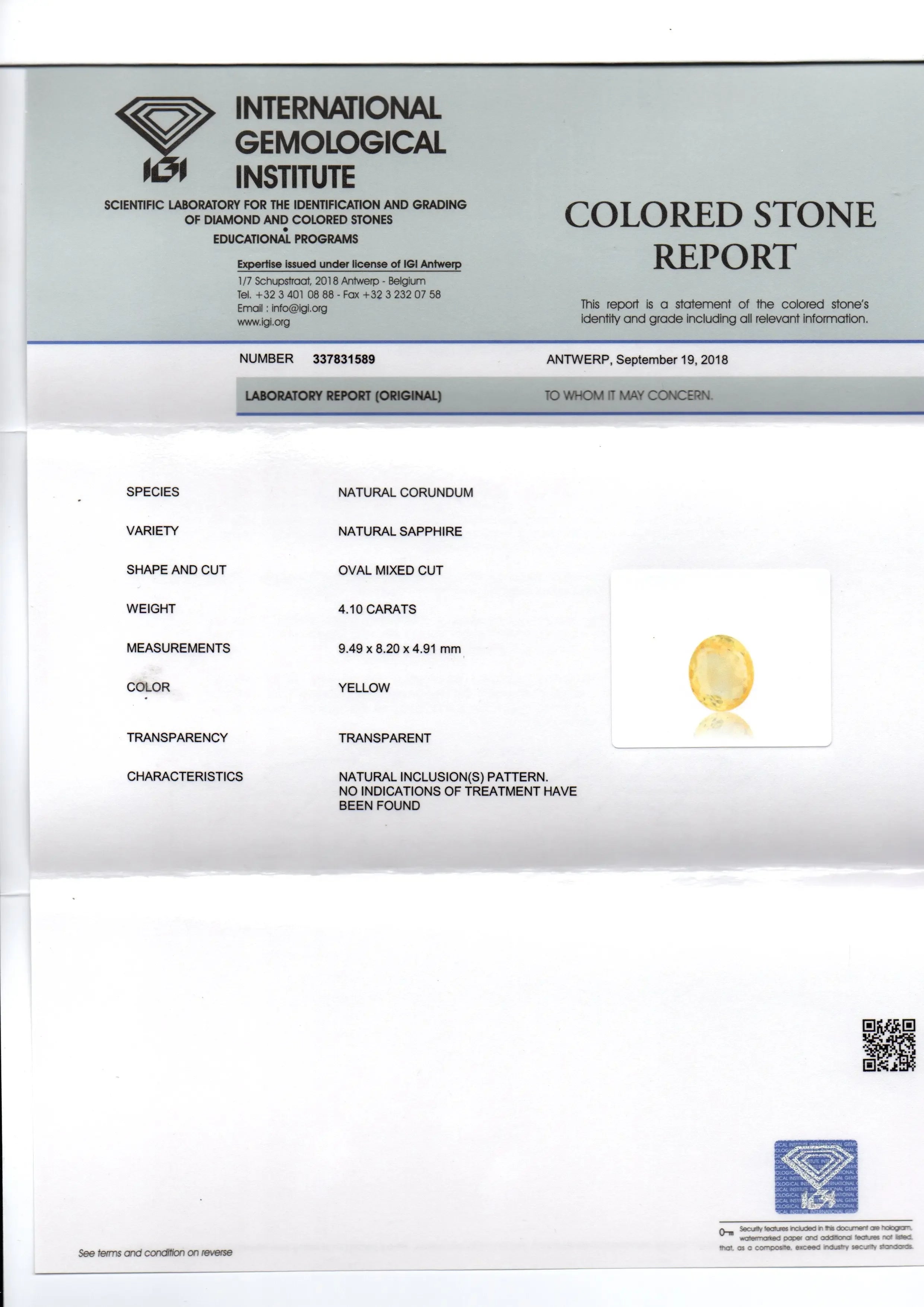 4.10 Ct IGI Certified Unheated Untreated Natural Ceylon Yellow Sapphire - Venus Gems