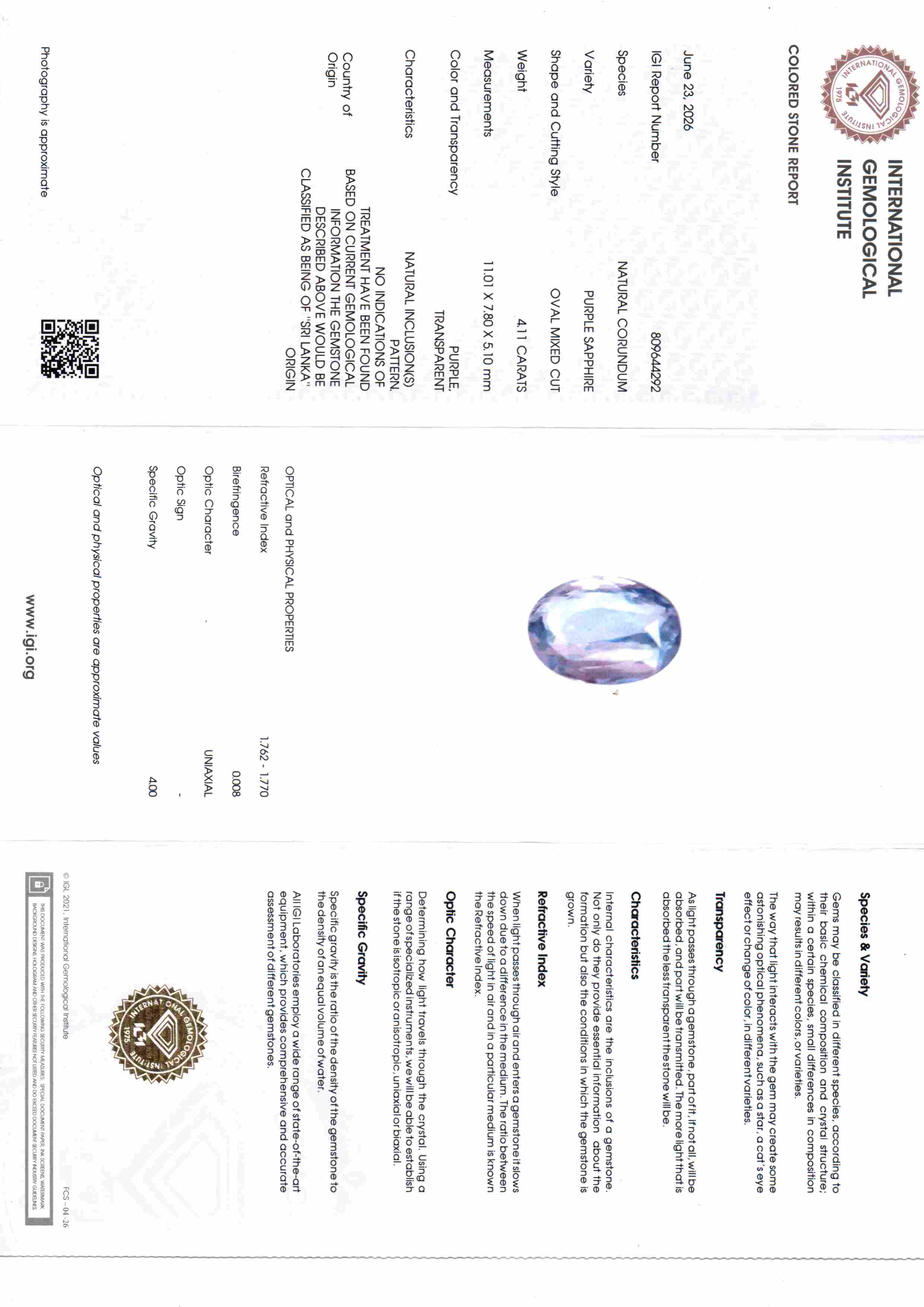 4.11 Carat IGI Certified Unheated Natural Ceylon Purple Sapphire Khooni Neelam – 4.5 Ratti