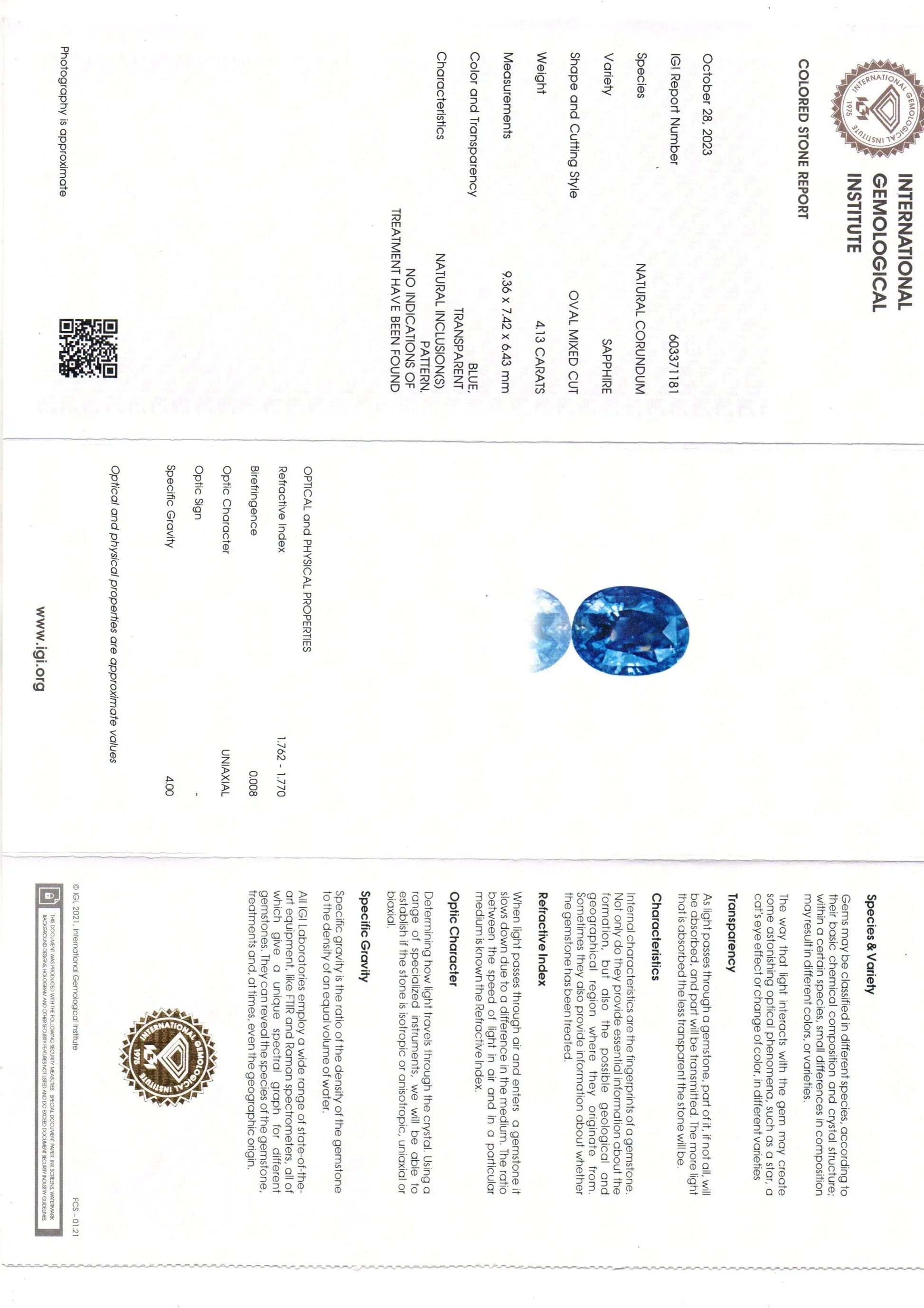 4.13 Ct IGI Certified Unheated Untreated Natural Ceylon Blue Sapphire AA - Venus Gems