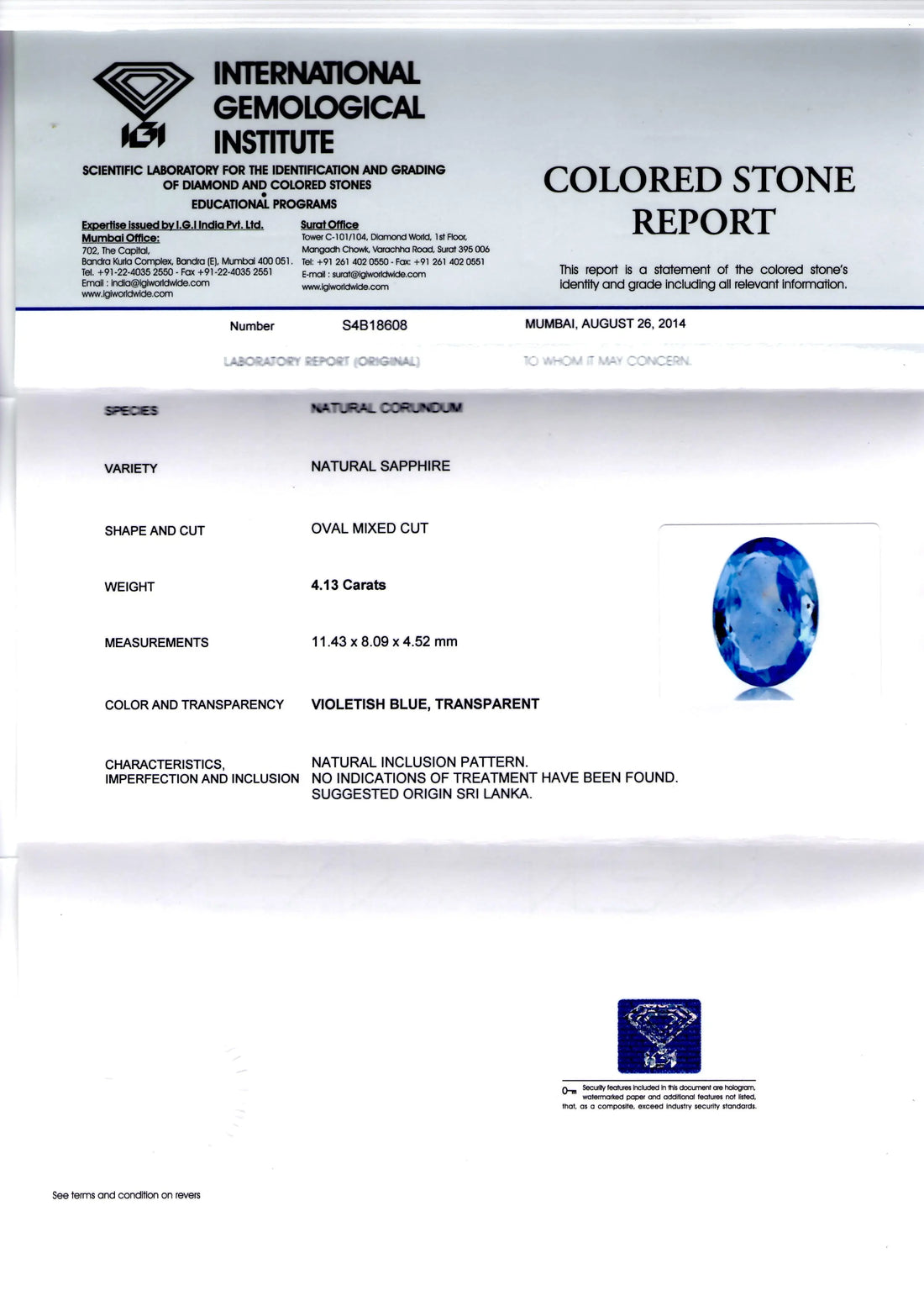 4.13 Ct IGI Certified Unheated Untreated Natural Ceylon Blue Sapphire