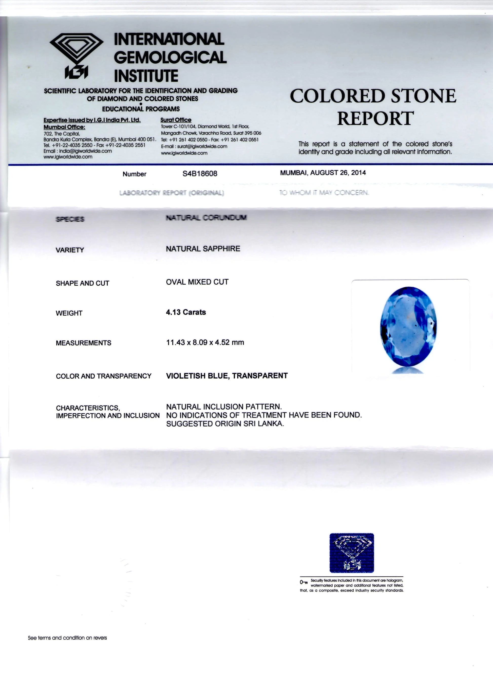 4.13 Ct IGI Certified Unheated Untreated Natural Ceylon Blue Sapphire