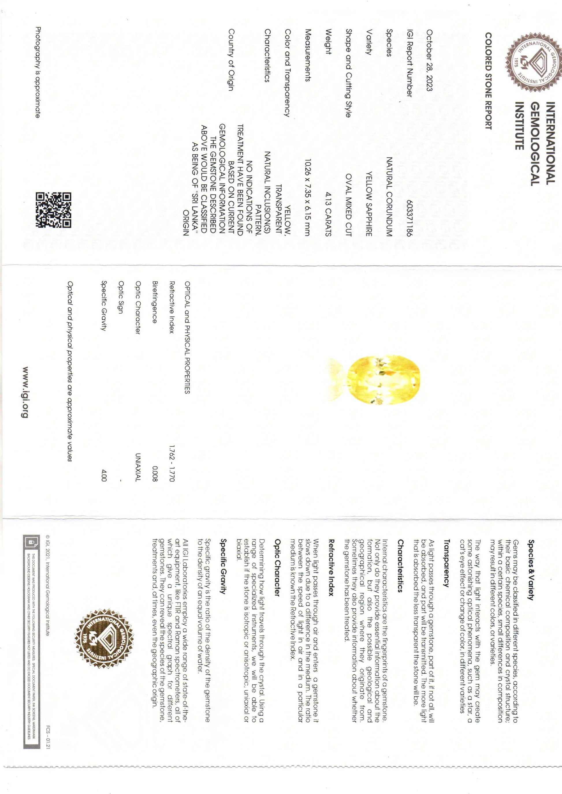 4.13 Ct IGI Certified Unheated Untreated Natural Ceylon Yellow Sapphire - Venus Gems