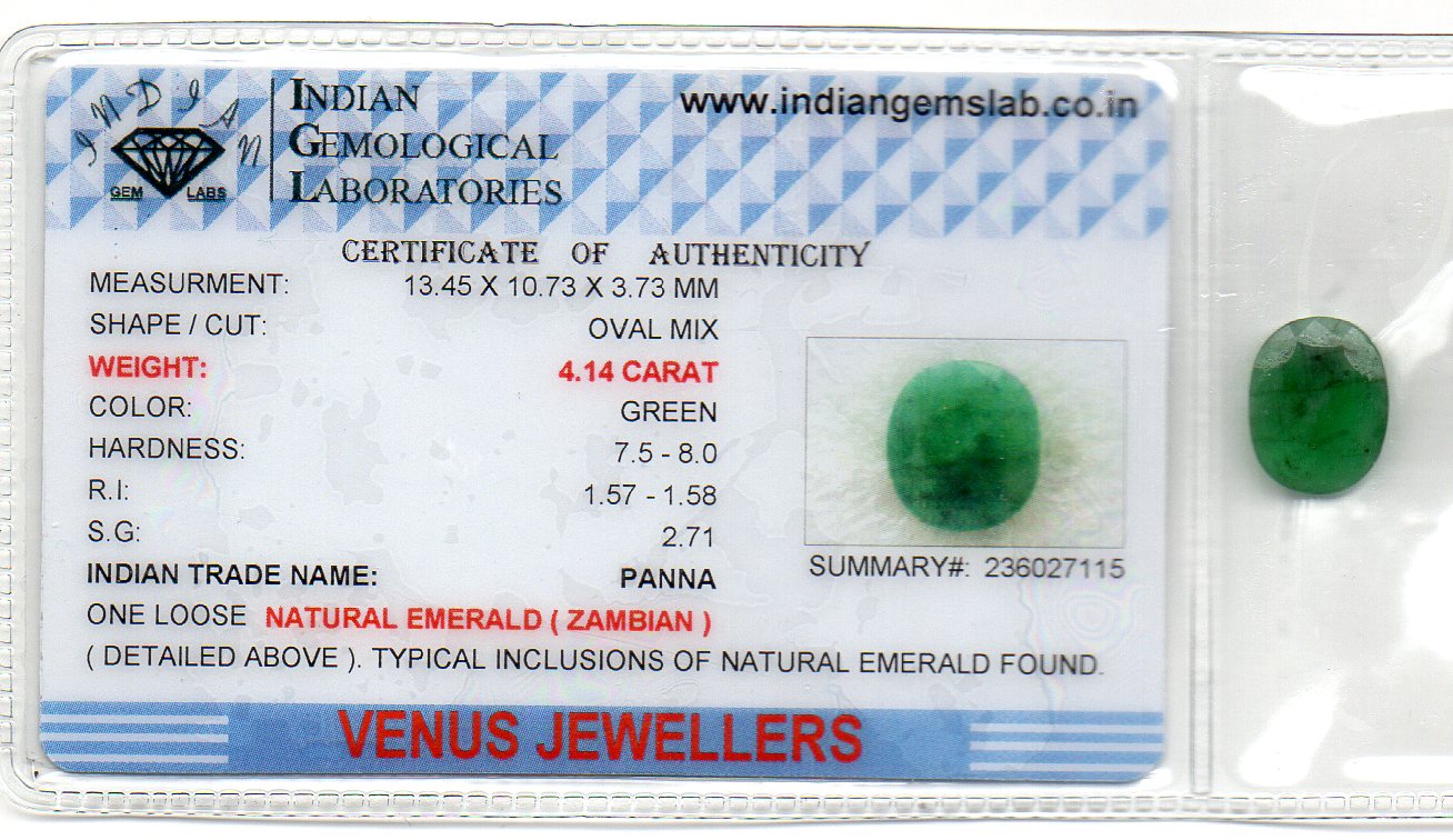 4.14 Ct Certified Untreated Natural Zambian Emerald Panna Gemstone