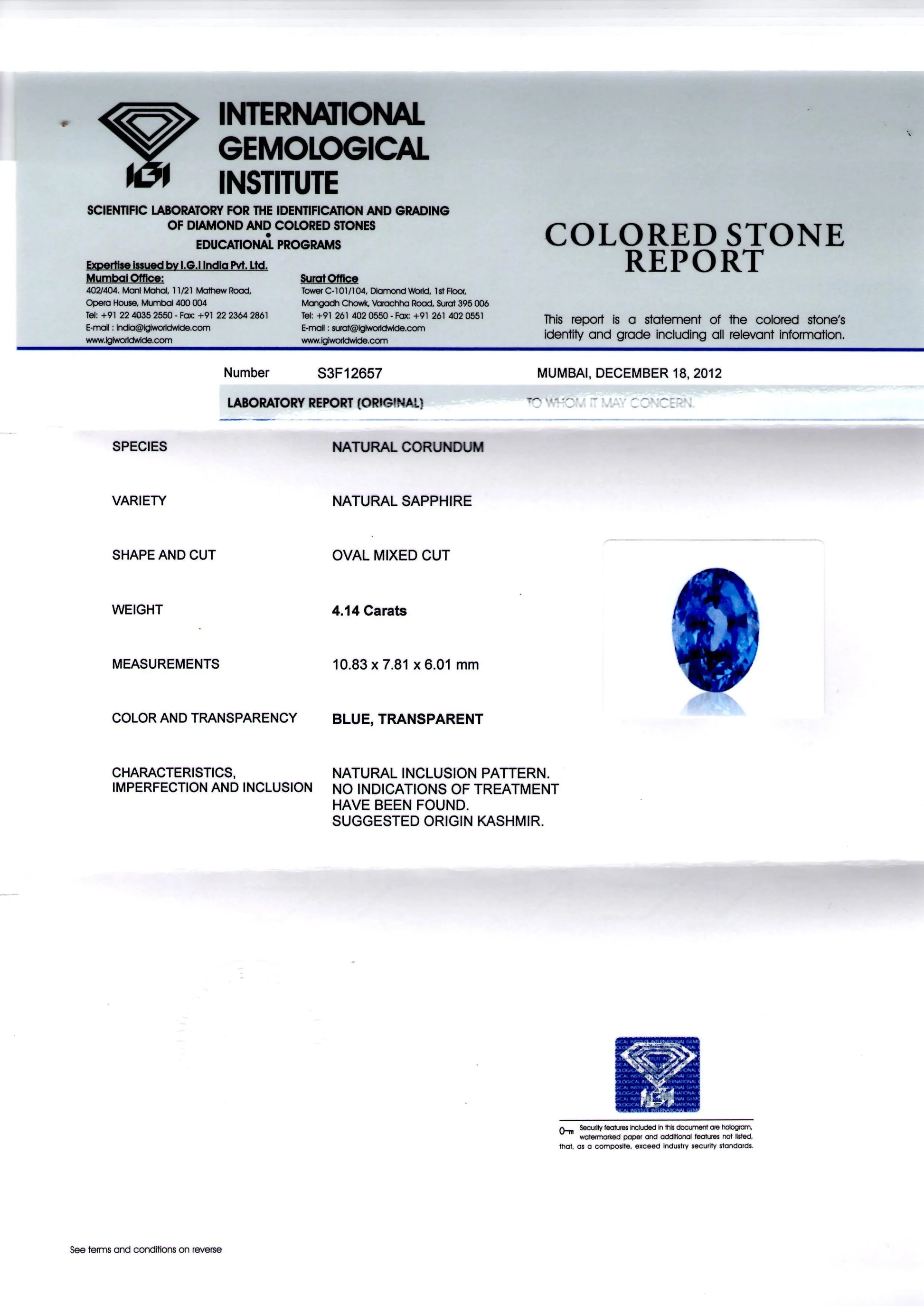 4.14 Ct Unheated Jammu/Kashmir Origin Blue Sapphire *IGI Certified*