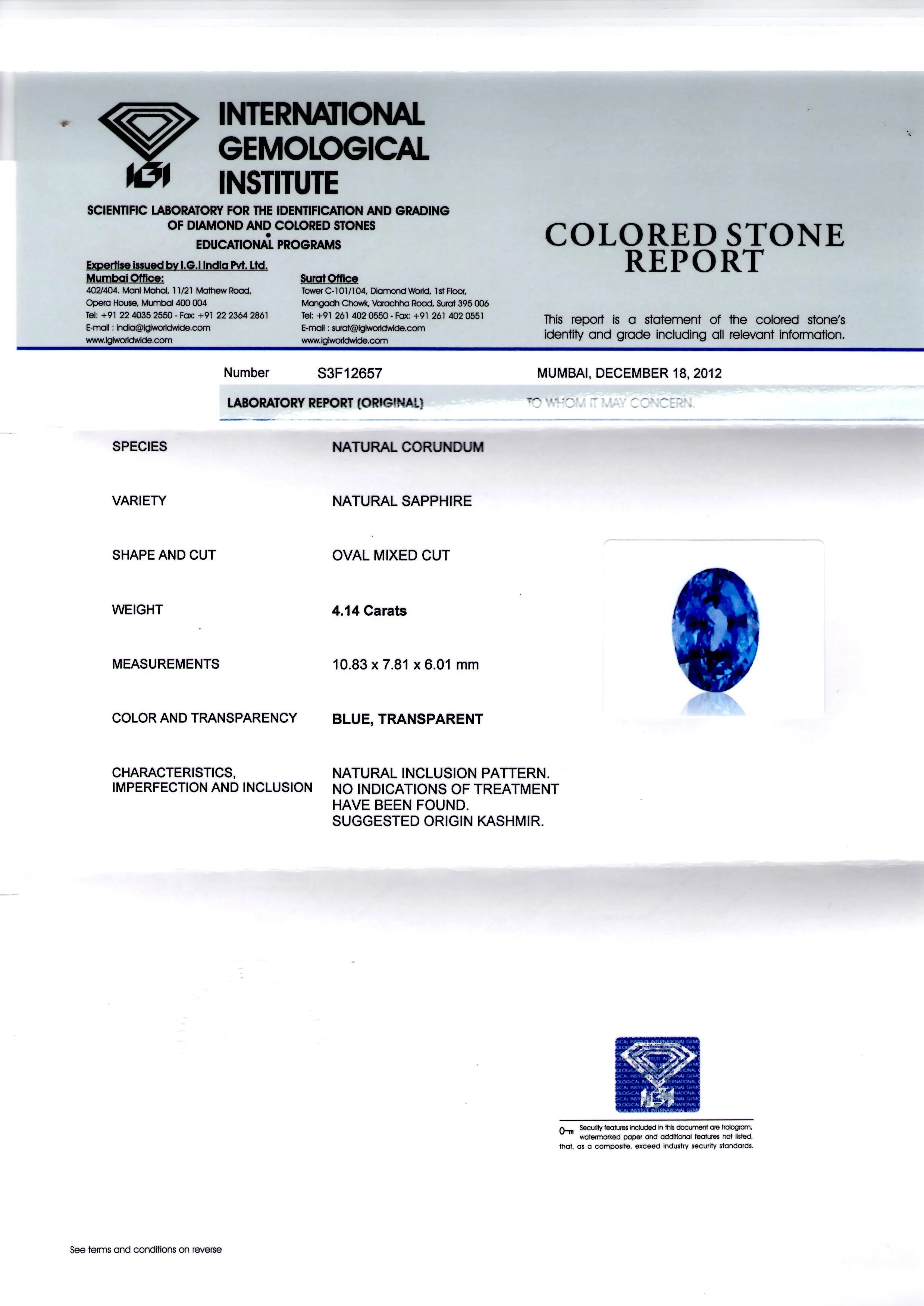 4.14 Ct Unheated Jammu/Kashmir Origin Blue Sapphire *IGI Certified*