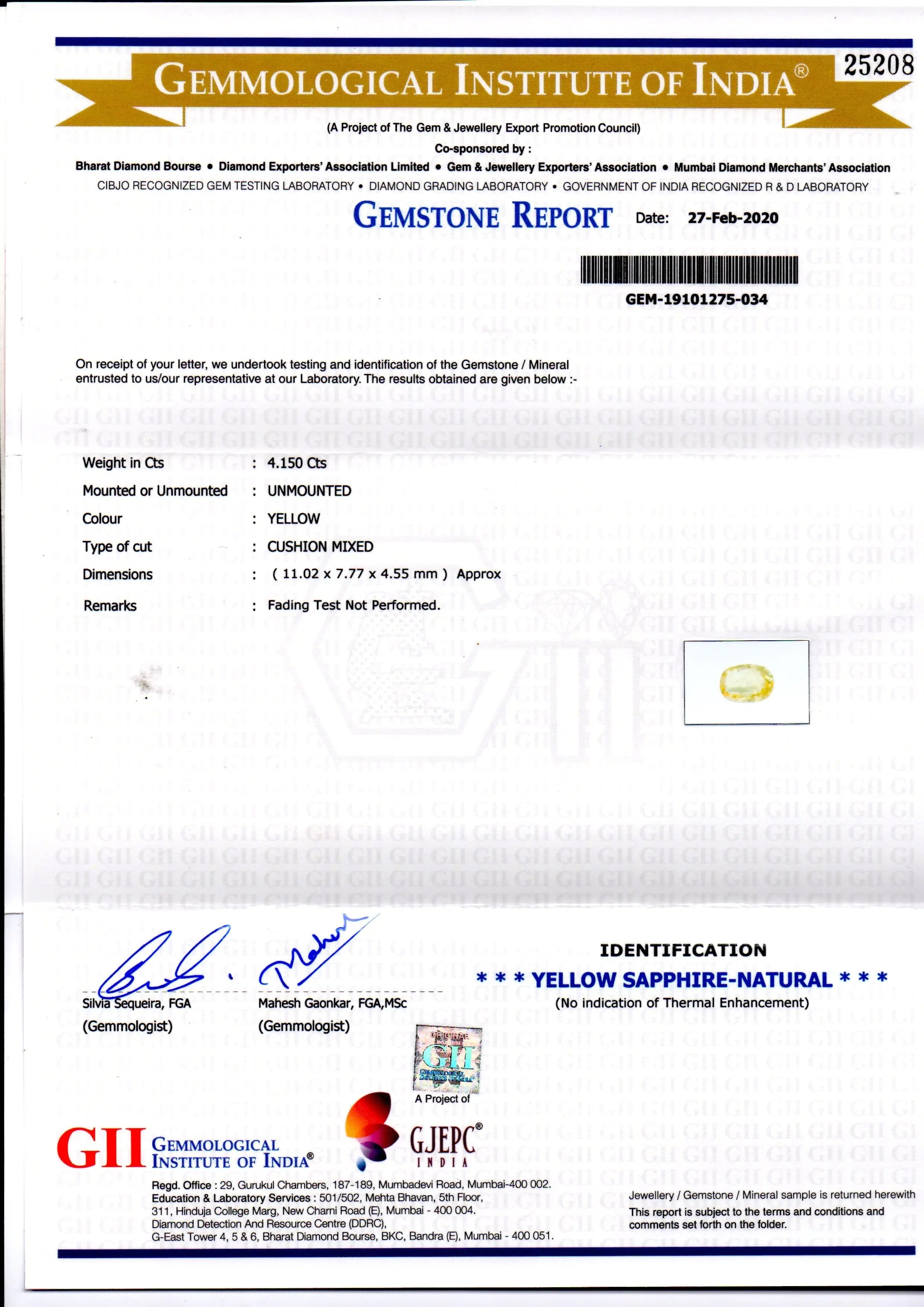 4.15 Ct GII Certified Unheated Untreated Natural Ceylon Yellow Sapphire
