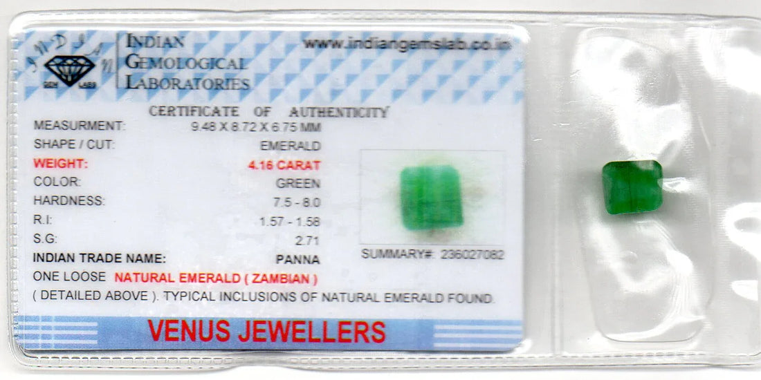 4.16 Ct Certified Untreated Natural Zambian Emerald Panna Gemstone - Venus Gems