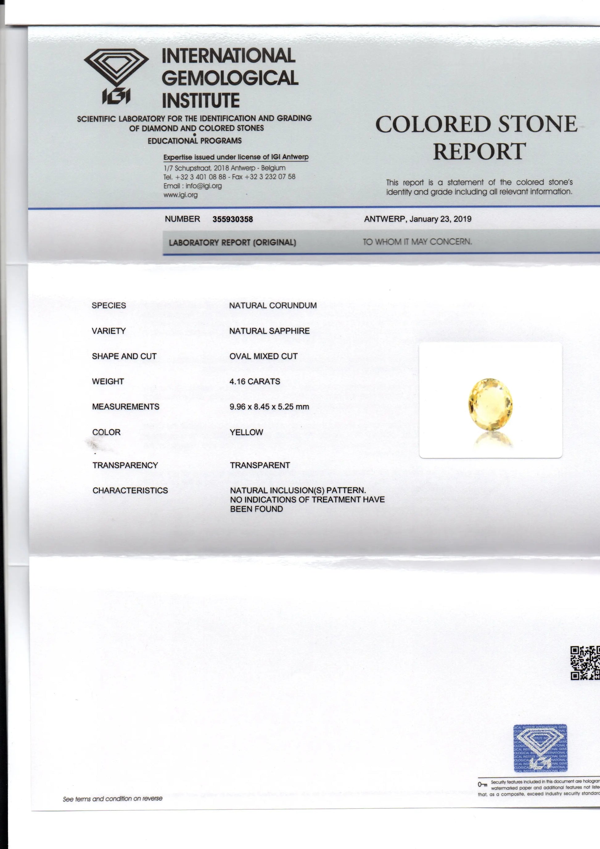 4.16 Ct IGI Certified Unheated Untreated Natural Ceylon Yellow Sapphire