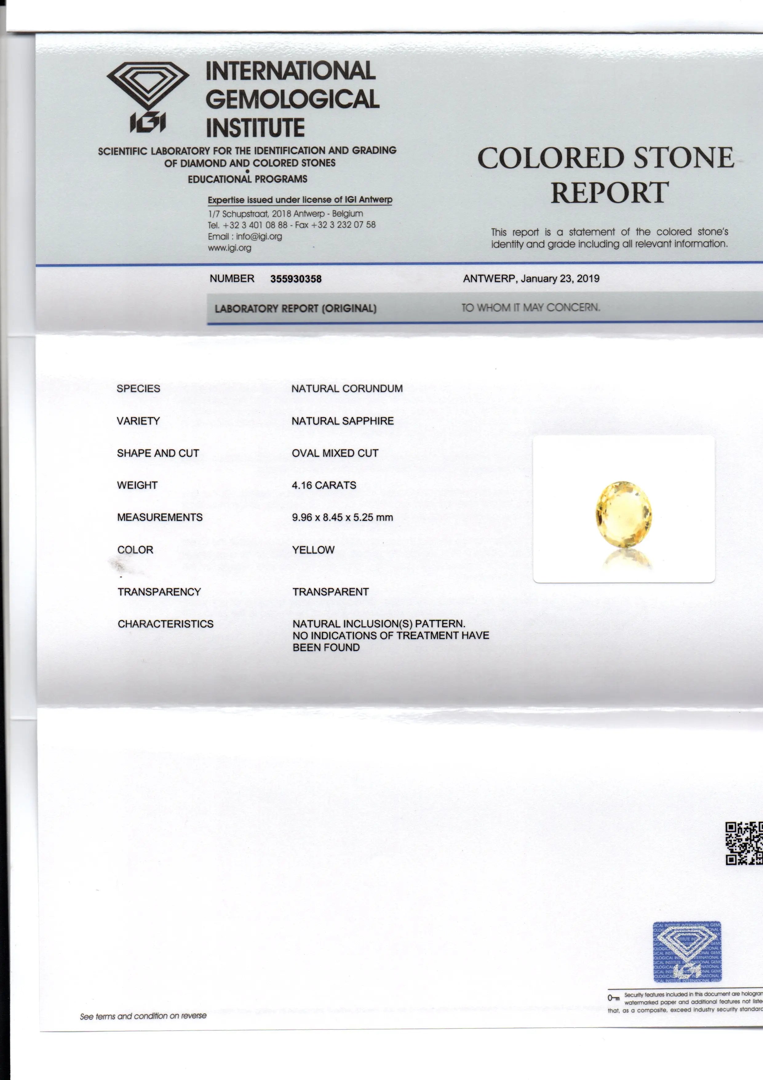 4.16 Ct IGI Certified Unheated Untreated Natural Ceylon Yellow Sapphire