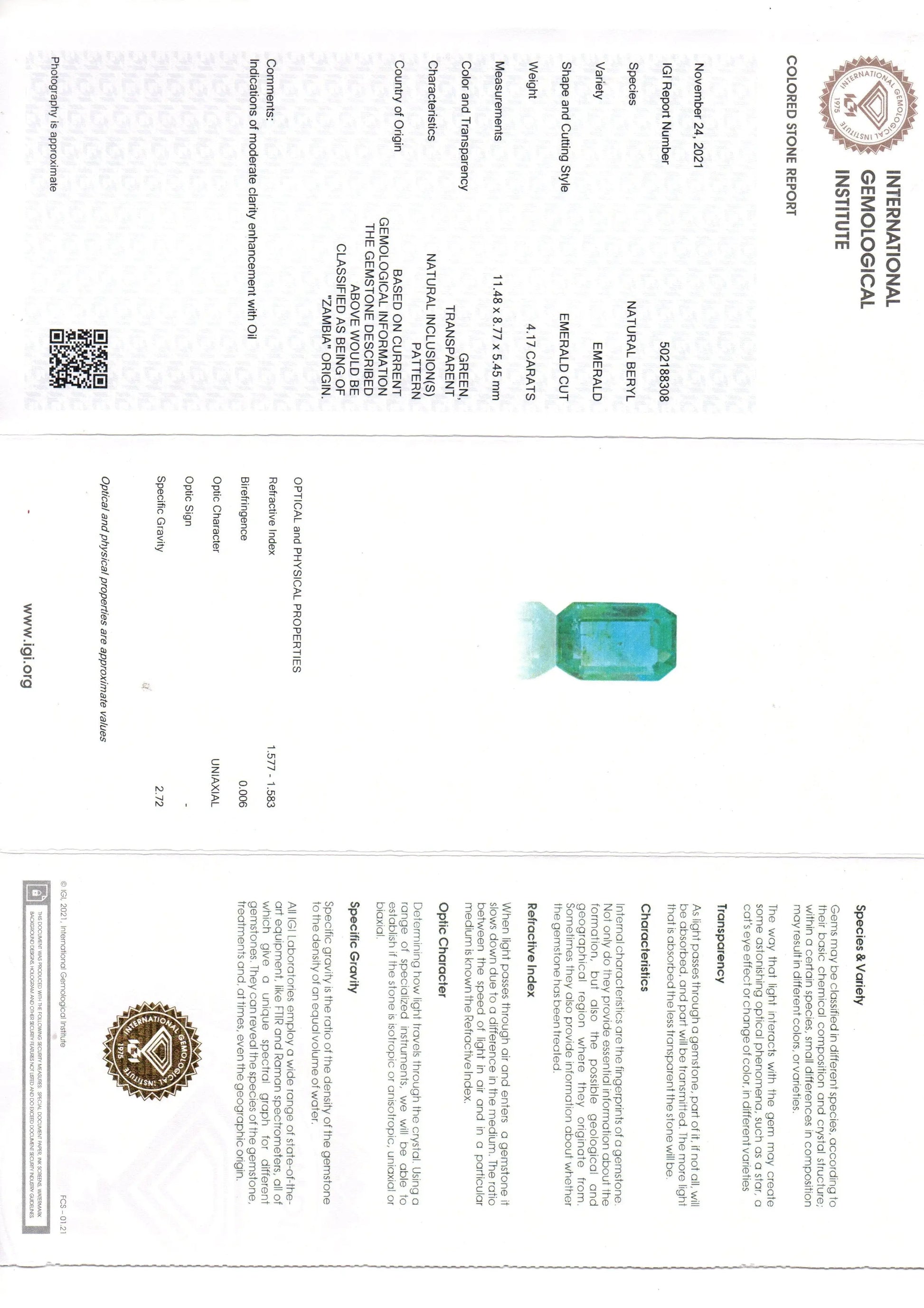 4.17 Ct IGI Certified Untreated Natural Zambian Emerald Gemstone AAAA