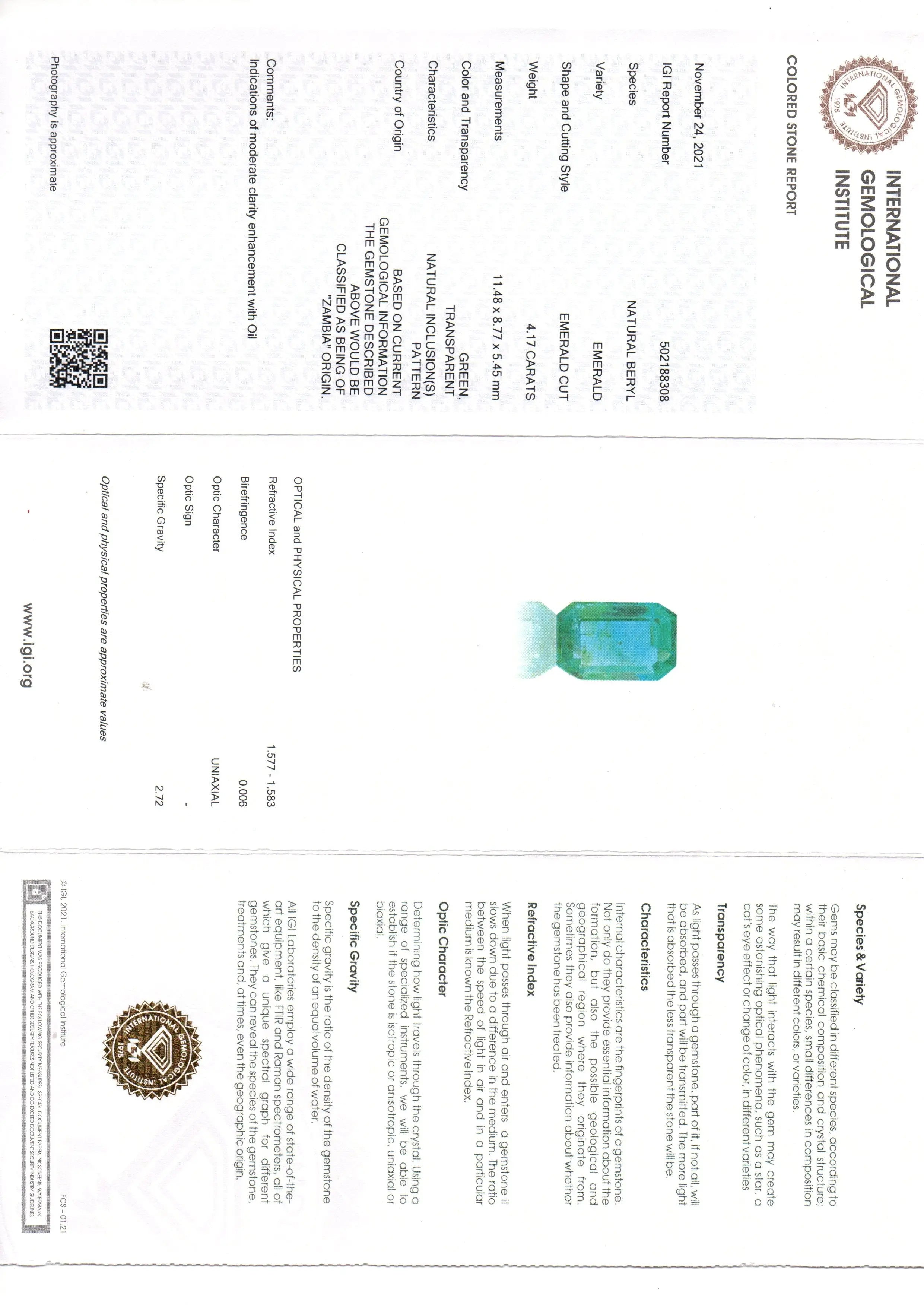 4.17 Ct IGI Certified Untreated Natural Zambian Emerald Gemstone AAAA