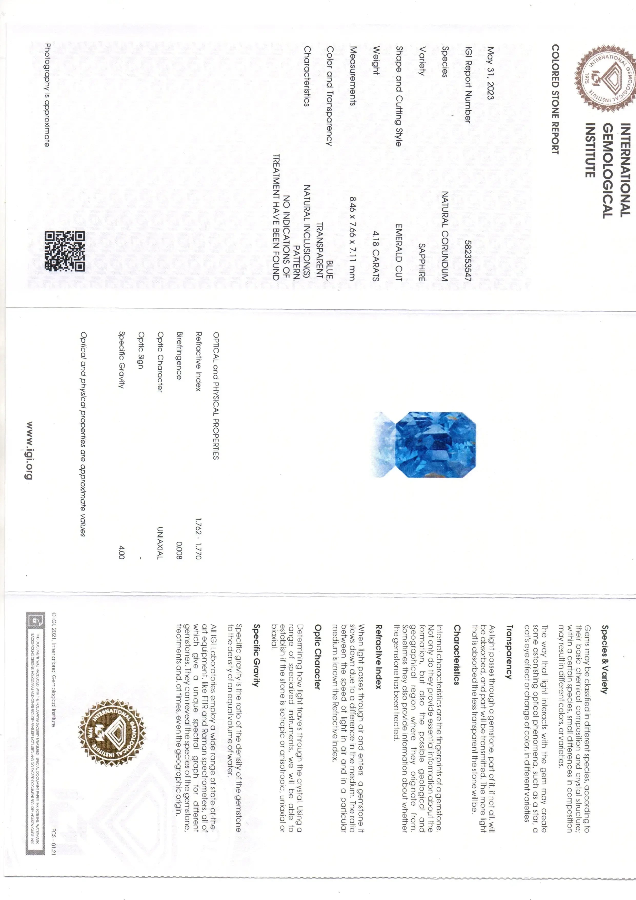4.18 Ct IGI Certified Unheated Untreated Natural Ceylon Blue Sapphire AA - Venus Gems
