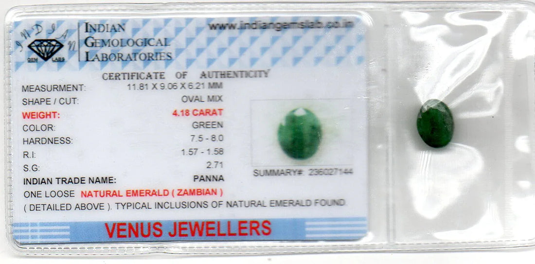 4.18 Ct Certified Untreated Natural Zambian Emerald Panna Gemstone - Venus Gems