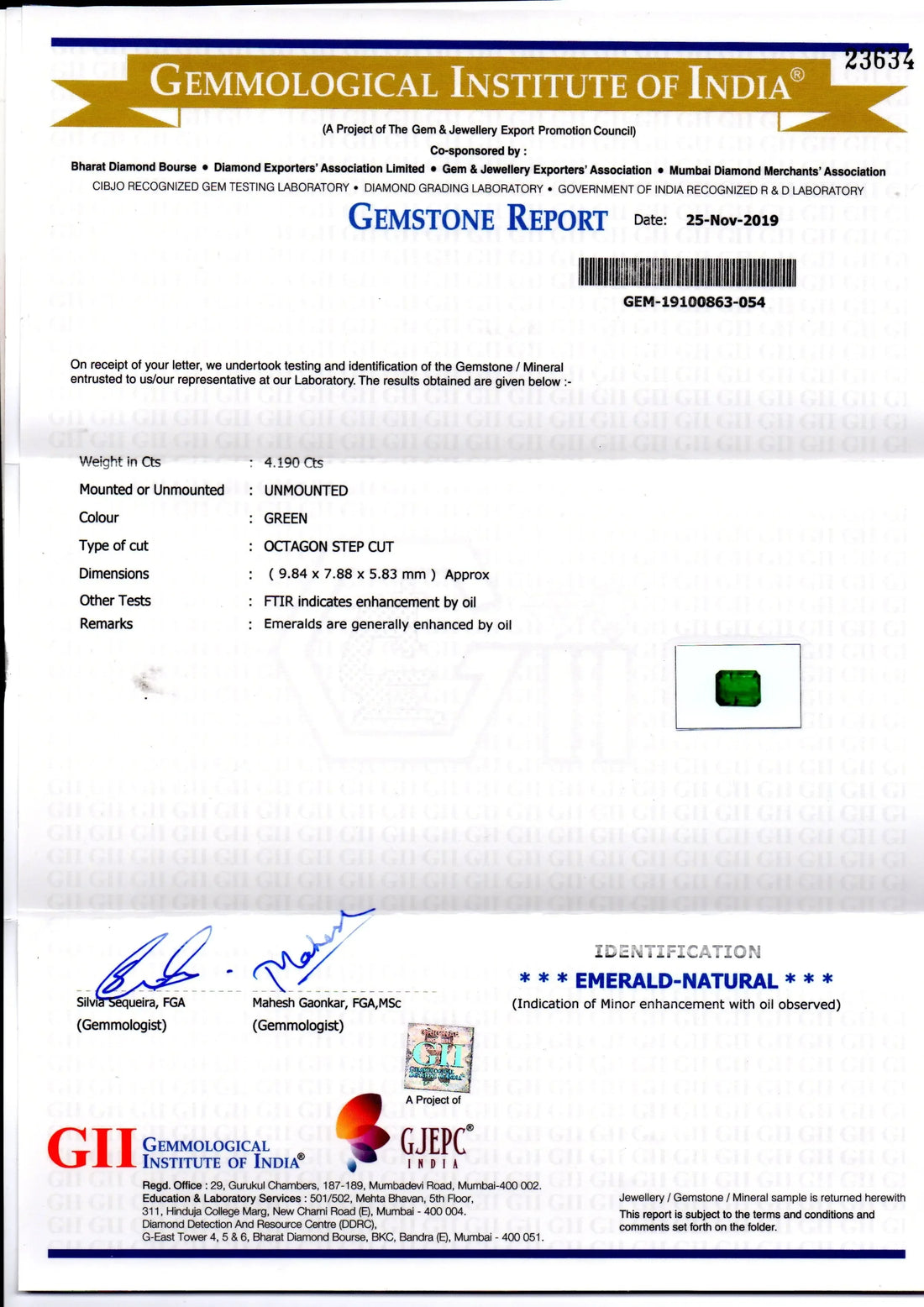 4.19 Ct GII Certified Untreated Natural Zambian Emerald Gems AAA - Venus Gems