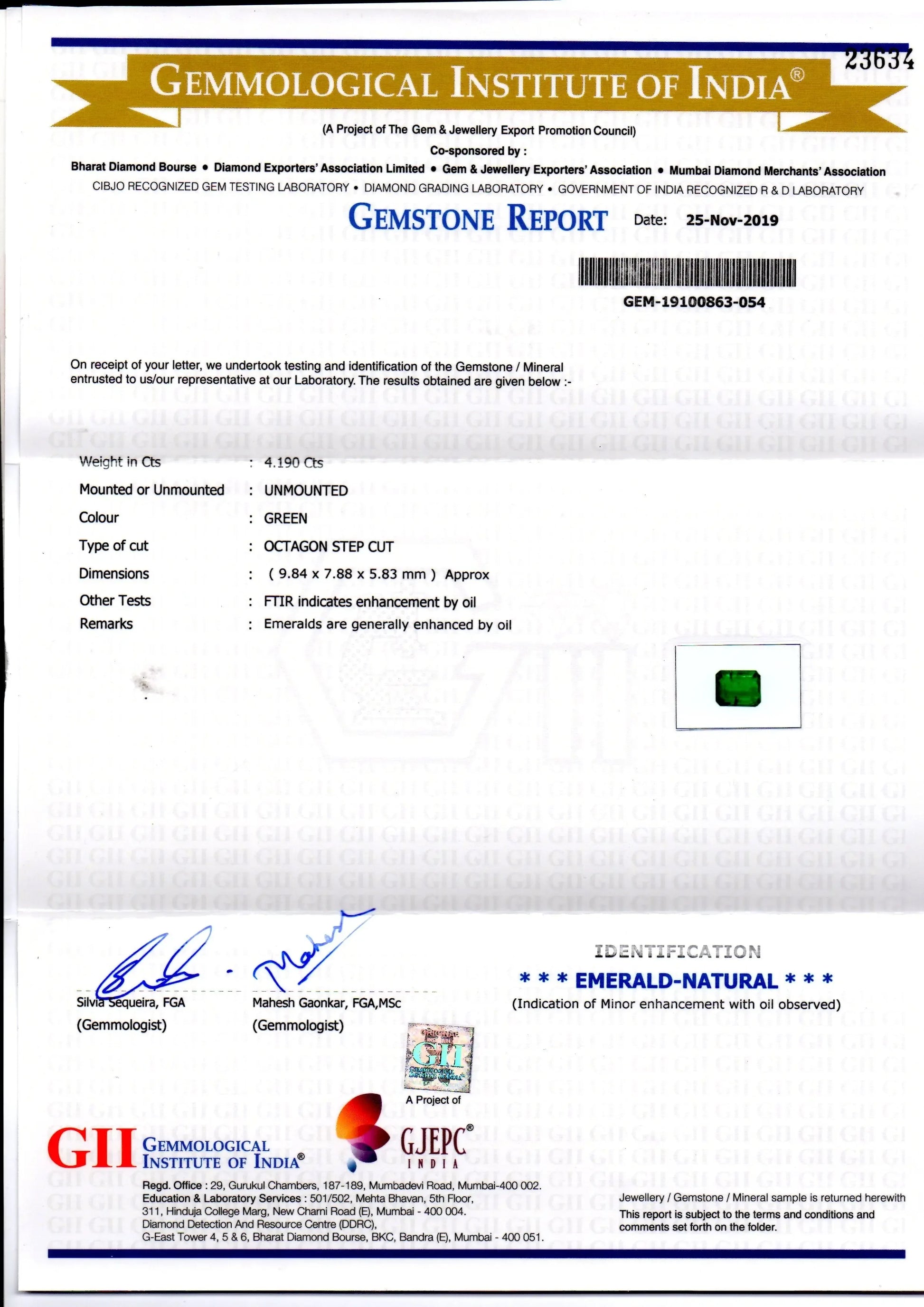 4.19 Ct GII Certified Untreated Natural Zambian Emerald Gems AAA - Venus Gems