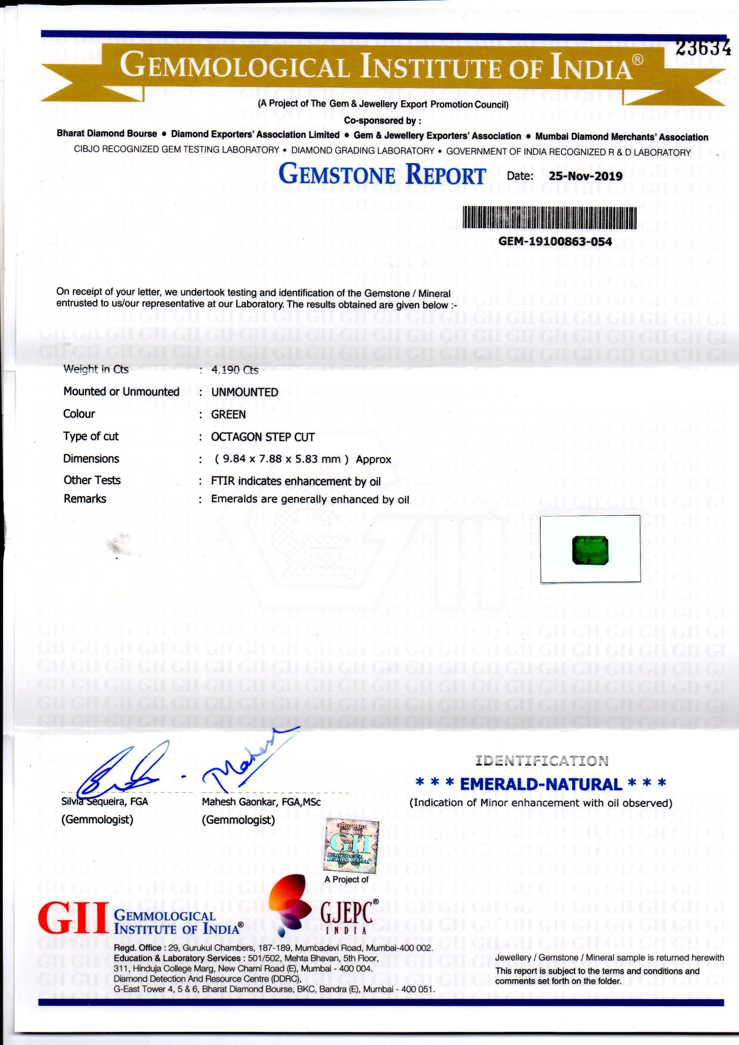 4.19 Ct GII Certified Untreated Natural Zambian Emerald Gems AAA - Venus Gems