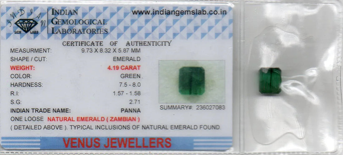 4.19 Ct Certified Untreated Natural Zambian Emerald Panna Gemstone - Venus Gems