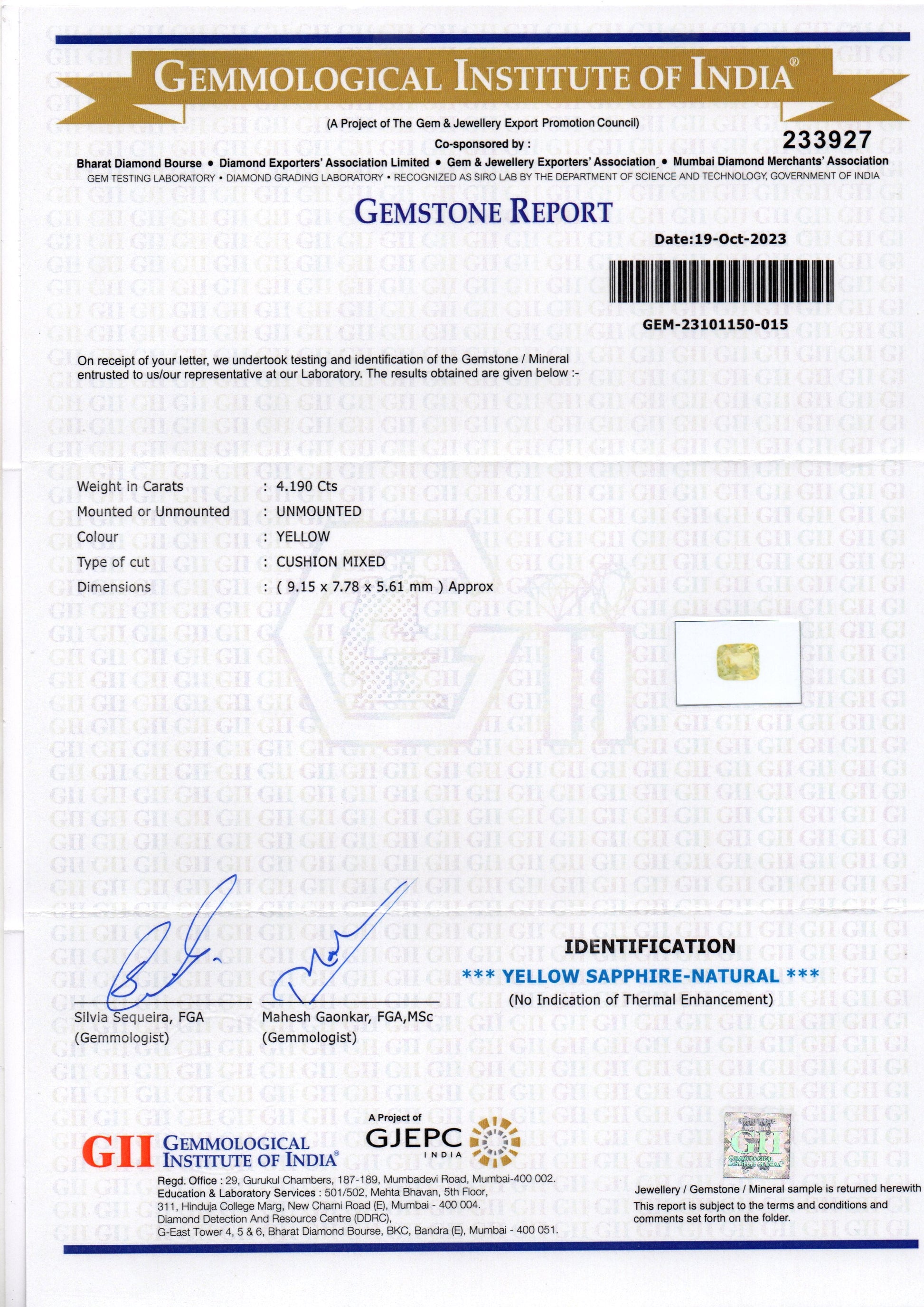 4.19 Ct GII Certified Unheated Untreated Natural Ceylon Yellow Sapphire