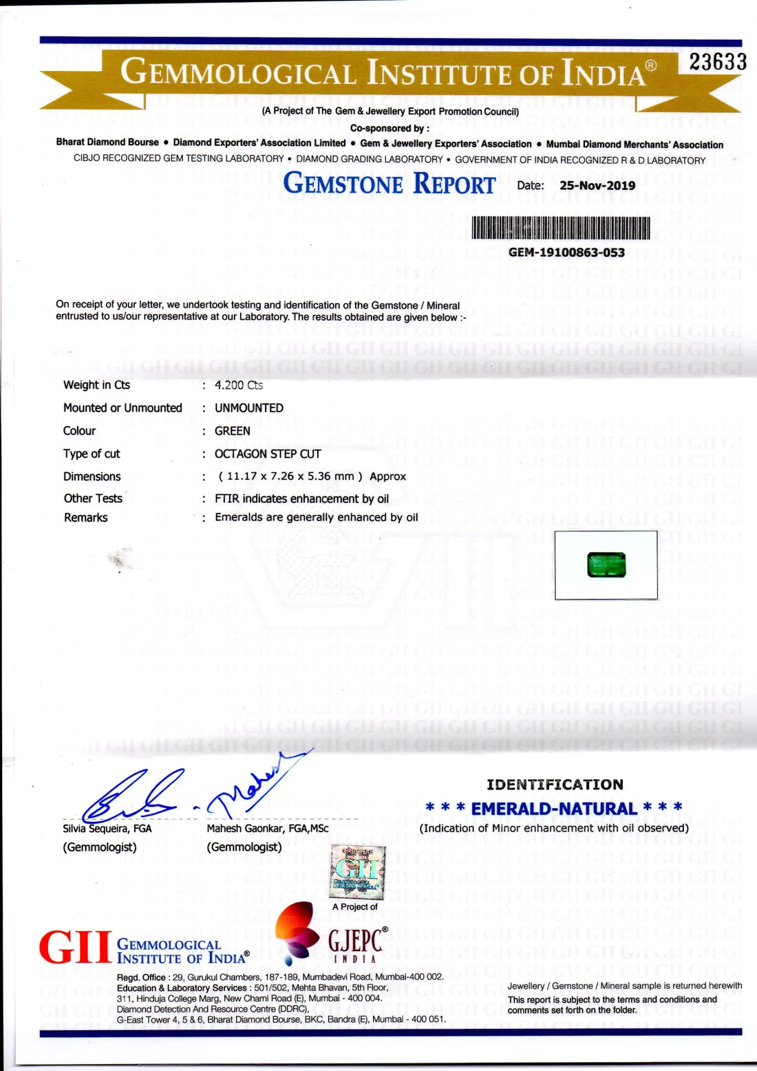 4.20 Ct GII Certified Untreated Natural Zambian Emerald Gems AAA - Venus Gems