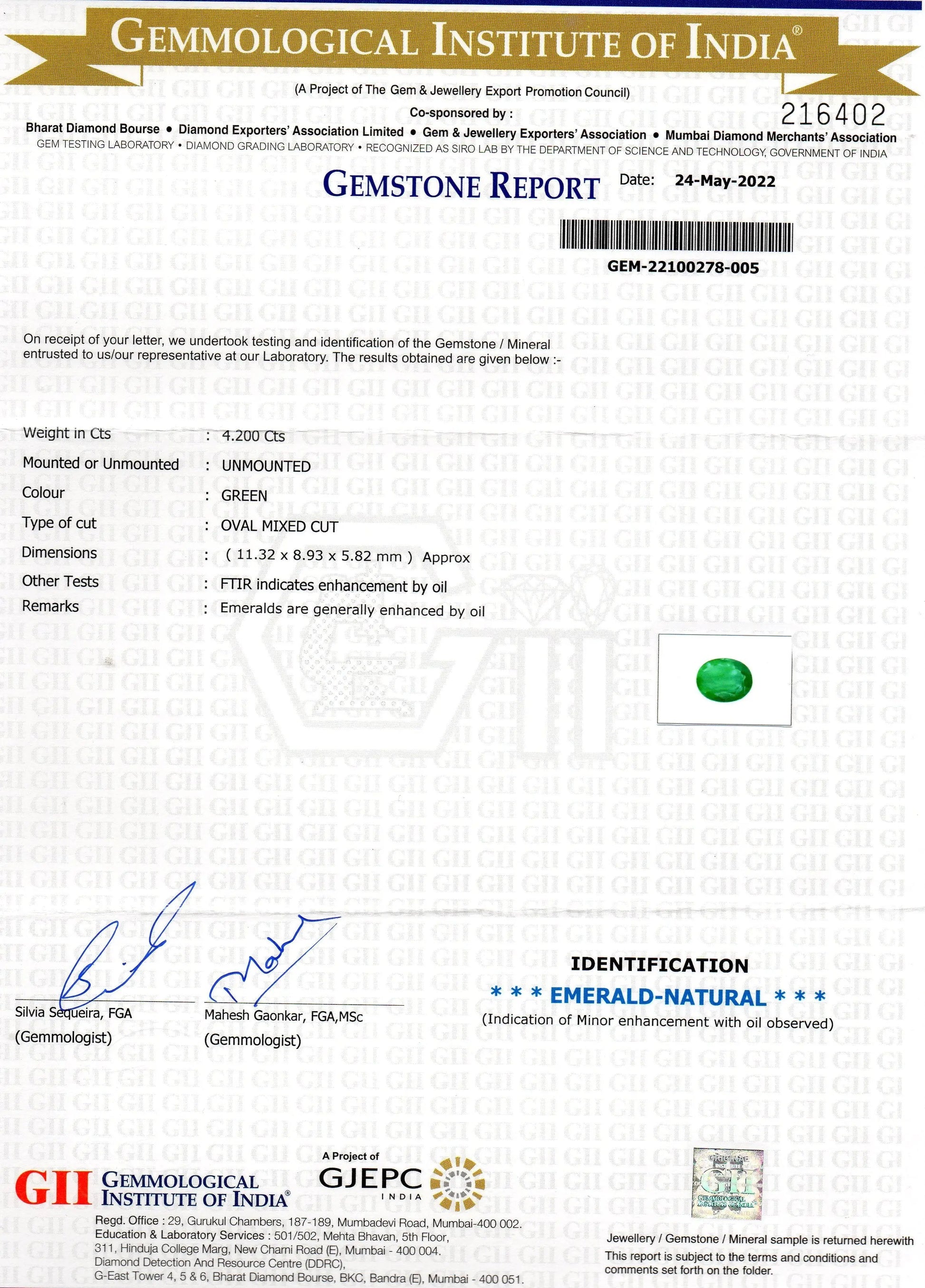 4.20 Ct GII Certified Untreated Natural Zambian Emerald Gemstone AAA